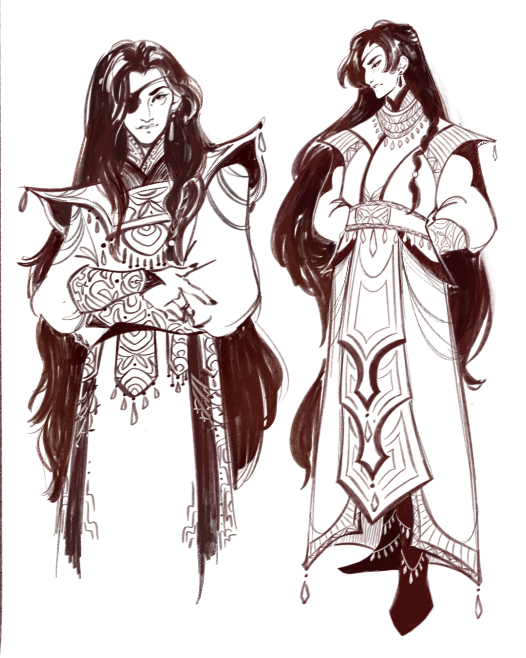 hua cheng, tianguan cifu, commentary, english commentary, highres, 1boy, alifreeart, animal print, beads, belt, black hair, black nails, boots, bracer, braid, butterfly print, chain, closed mouth, cowboy shot, earrings, eyeliner, eyepatch, footwear ornament, full body, hair beads, hair ornament, high collar, jewelry, long hair, long sleeves, looking at viewer, makeup, male focus, miao clothes, monochrome, necklace, ornate clothes, red theme, shoulder pads (fashion), side braid, simple background, standing, very long hair, white background