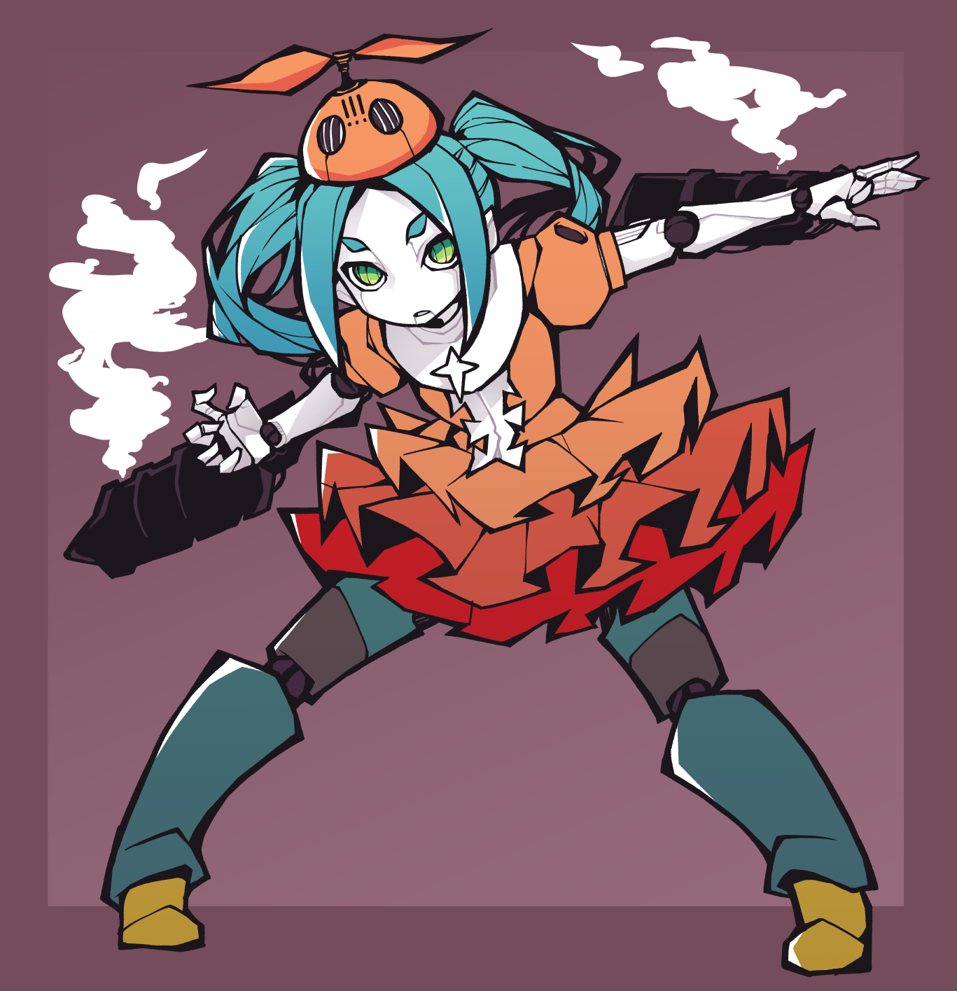 akableak, ononoki yotsugi, monogatari (series), highres, 1girl, blue hair, dress, green eyes, looking at viewer, puffy short sleeves, puffy sleeves, short sleeves, solo, thick eyebrows, twintails