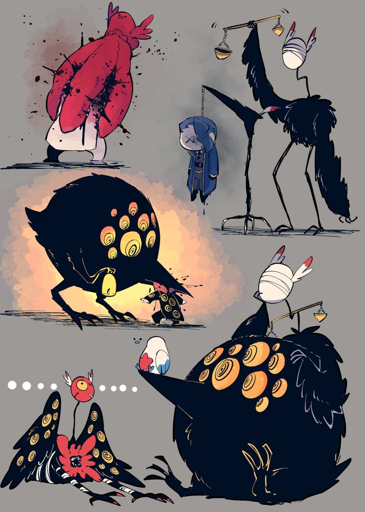 sabaage, apocalypse bird, big bird (project moon), employee (project moon), judgement bird, nugget (project moon), punishing bird, lobotomy corporation, project moon, …, 3others, balance scale, bird, black wings, death, defeat, eating, extra eyes, grey background, hanged, holding, holding lantern, holding scale, lantern, monster, multiple others, one-eyed, sitting, standing, talons, weighing scale, wings, yellow eyes