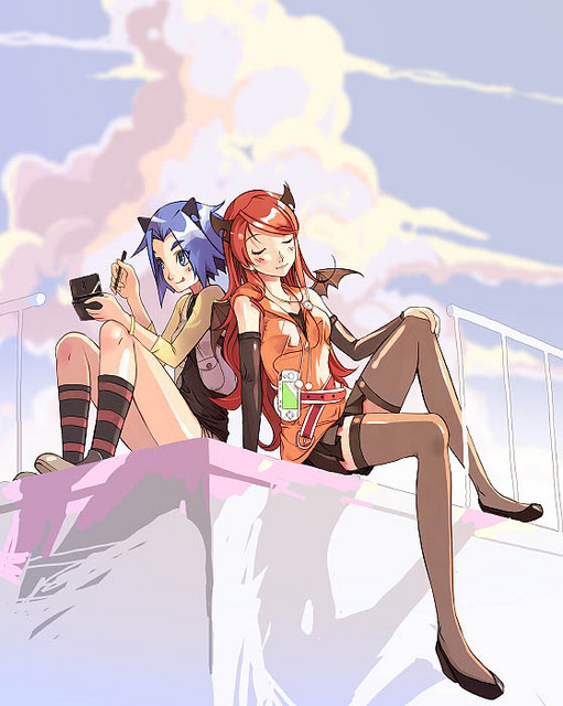 vofan, original, 2girls, animal ears, blue hair, cloud, handheld game console, legs, multiple girls, nintendo ds, playing games, playing video games, playstation portable, red hair, sitting, thighhighs, wings, zettai ryouiki