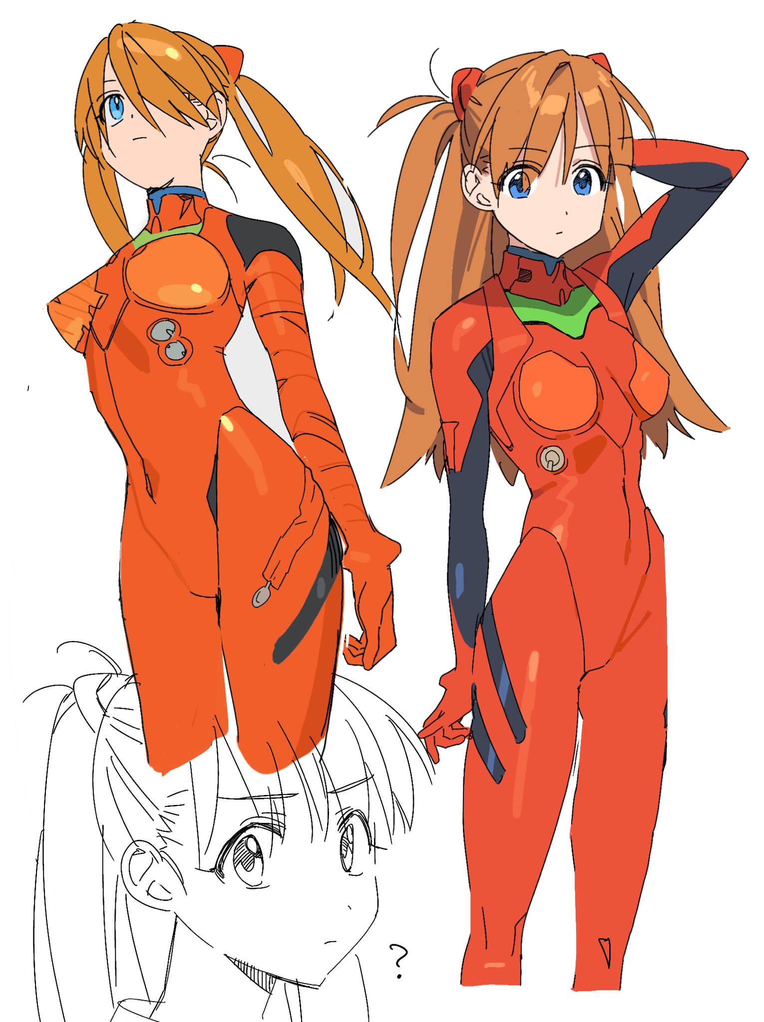 rinami456, souryuu asuka langley, neon genesis evangelion, bad id, 1girl, :/, ?, blue eyes, bodysuit, breasts, brown hair, closed mouth, cowboy shot, curvy, interface headset (evangelion), long hair, mecha pilot suit, medium breasts, multiple views, narrow waist, plugsuit (evangelion), red bodysuit, simple background, skin tight, solo, standing, twintails, two side up, white background, wide hips