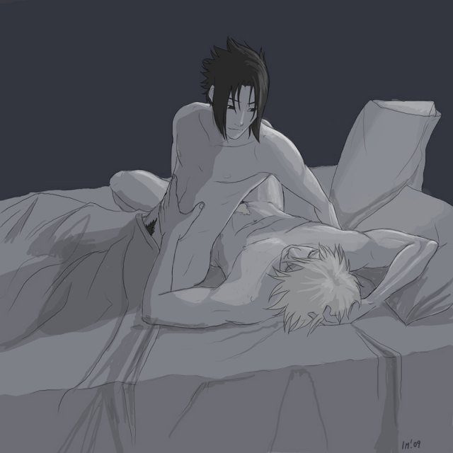 yaoiismy, hatake kakashi, uchiha sasuke, naruto (series), naruto, bed, bed sheet, bedroom, black hair, im., nude, pubic hair, teacher and student, yaoi