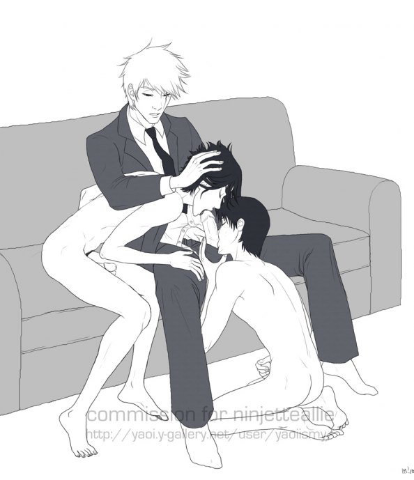 yaoiismy, hatake kakashi, sai, uchiha sasuke, naruto (classic), naruto (series), naruto shippuuden, 3boys, age difference, clothed male nude male, clothed on nude, couch, fellatio, formal clothes, group sex, im., male focus, masturbation, monochrome, multiple boys, nude, oral, penis, sex, shota, suit, teacher, teacher and student, threesome, uncensored, unzipped, yaoi