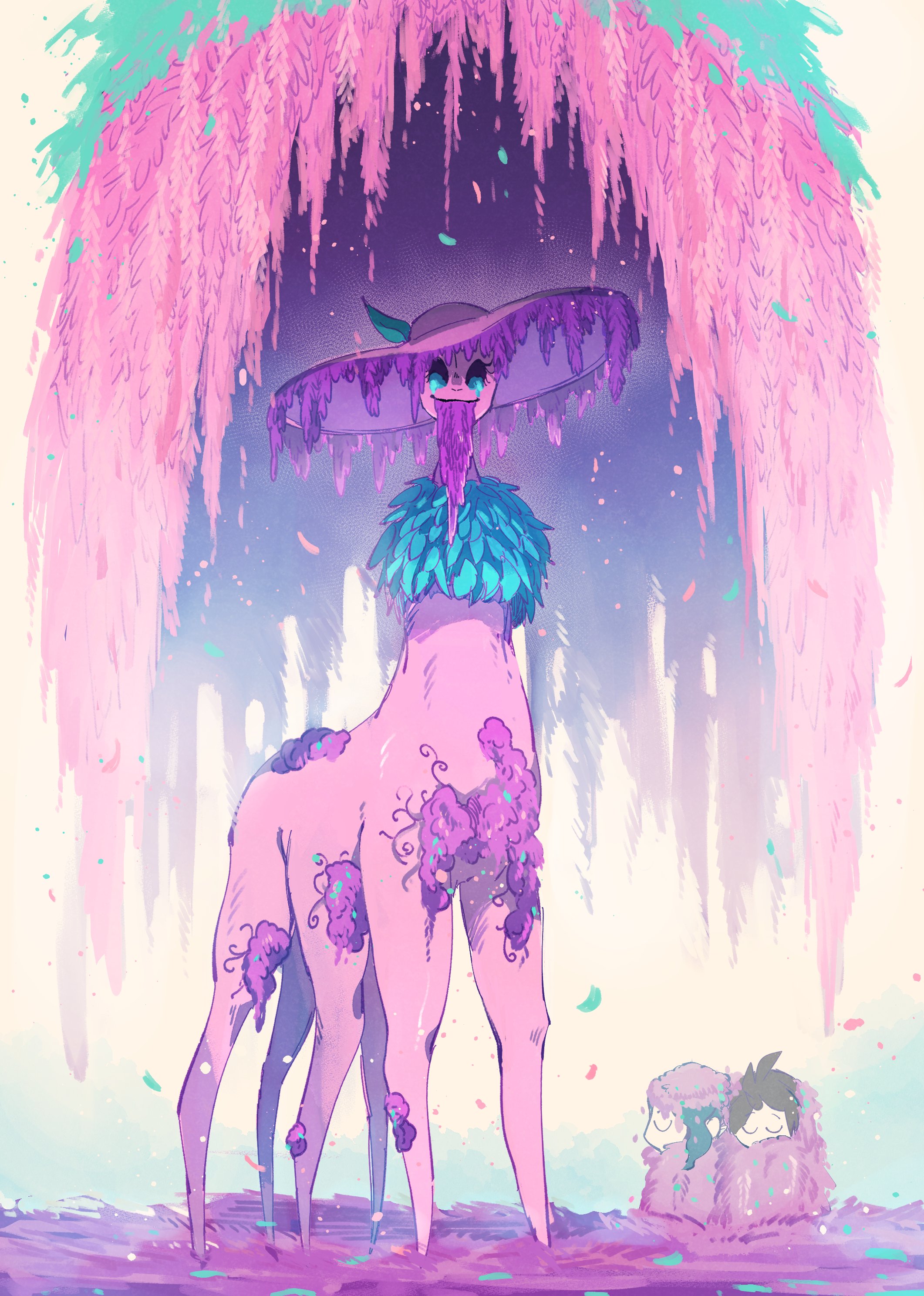 sabaage, employee (project moon), nugget (project moon), lobotomy corporation, project moon, absurdres, highres, 2others, alriune, black eyes, closed eyes, colored skin, eyelashes, falling leaves, flower, hat, hollow eyes, leaf, monster, multiple others, pink flower, pink hat, pink skin, sun hat, white background