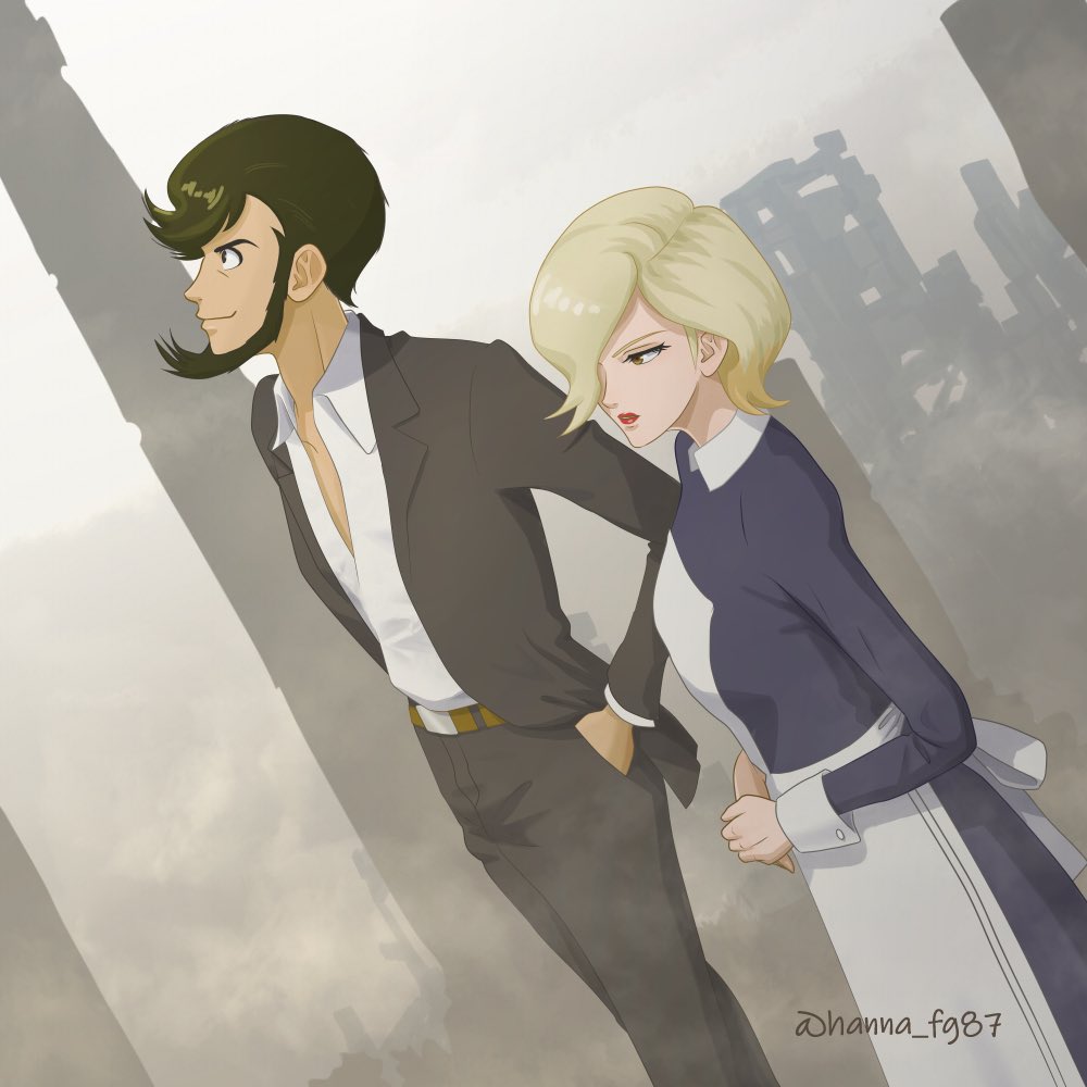 hanna fg87, arsene lupin ii, shinobu (lupin iii), lupin iii, lupin zero, commentary, commentary request, english commentary, mixed-language commentary, 1boy, 1girl, apron, artist name, belt, belt buckle, black eyes, black hair, black jacket, black pants, blonde hair, buckle, dress, facial hair, formal clothes, goatee, hair over one eye, hands in pockets, jacket, lips, lipstick, long sideburns, long sleeves, makeup, one eye covered, open clothes, open jacket, pants, red lips, shirt, short hair, sideburns, smile, suit, twitter username, white apron, white shirt