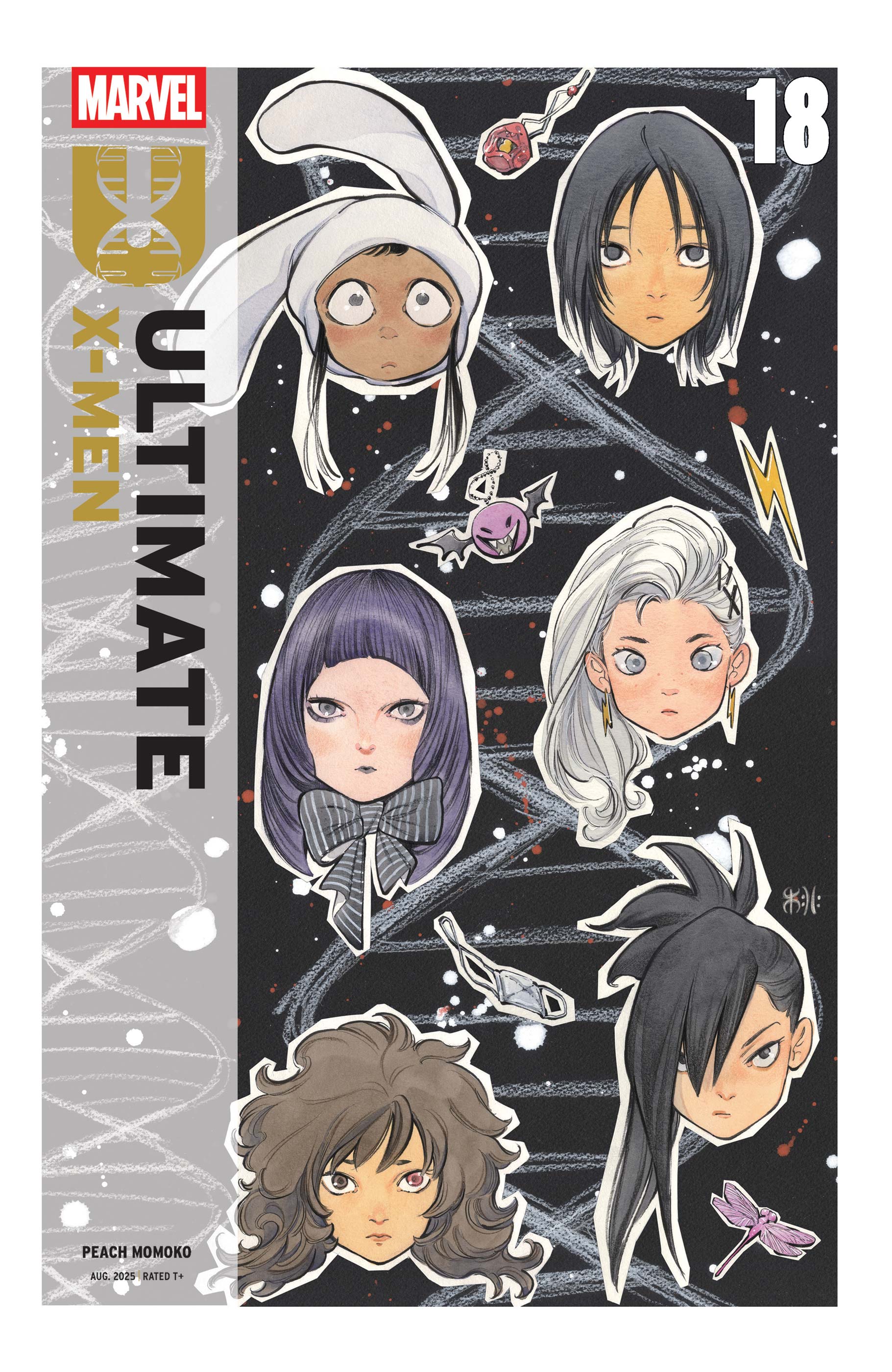 peach momoko, ichiki hisako, ichiki hisako (ultimate x-men 2024), nico minoru, psylocke, marvel, ultimate x-men (2024), x-men, fluffy hair, absurdres, comic cover, highres, official art, 6+girls, animal ears, artist name, bags under eyes, big hair, black eyes, black hair, blue eyes, blunt bangs, bow, brown eyes, brown hair, bug, charm (object), copyright logo, copyright name, cover, cover page, dark-skinned female, dark skin, dna, dragonfly, earrings, english text, eyepatch, fake animal ears, grey bow, hair ornament, hairclip, heterochromia, insect, jewelry, kanon sainouchi, lightning bolt earrings, lightning bolt symbol, logo, long hair, looking at viewer, maystorm (marvel), mori (marvel), multiple girls, natsu tsukishima, no eyebrows, ponytail, portrait, purple hair, purple lips, rabbit ear headwear, red eyes, short hair, spiked hair, striped bow, unworn eyepatch, white hair