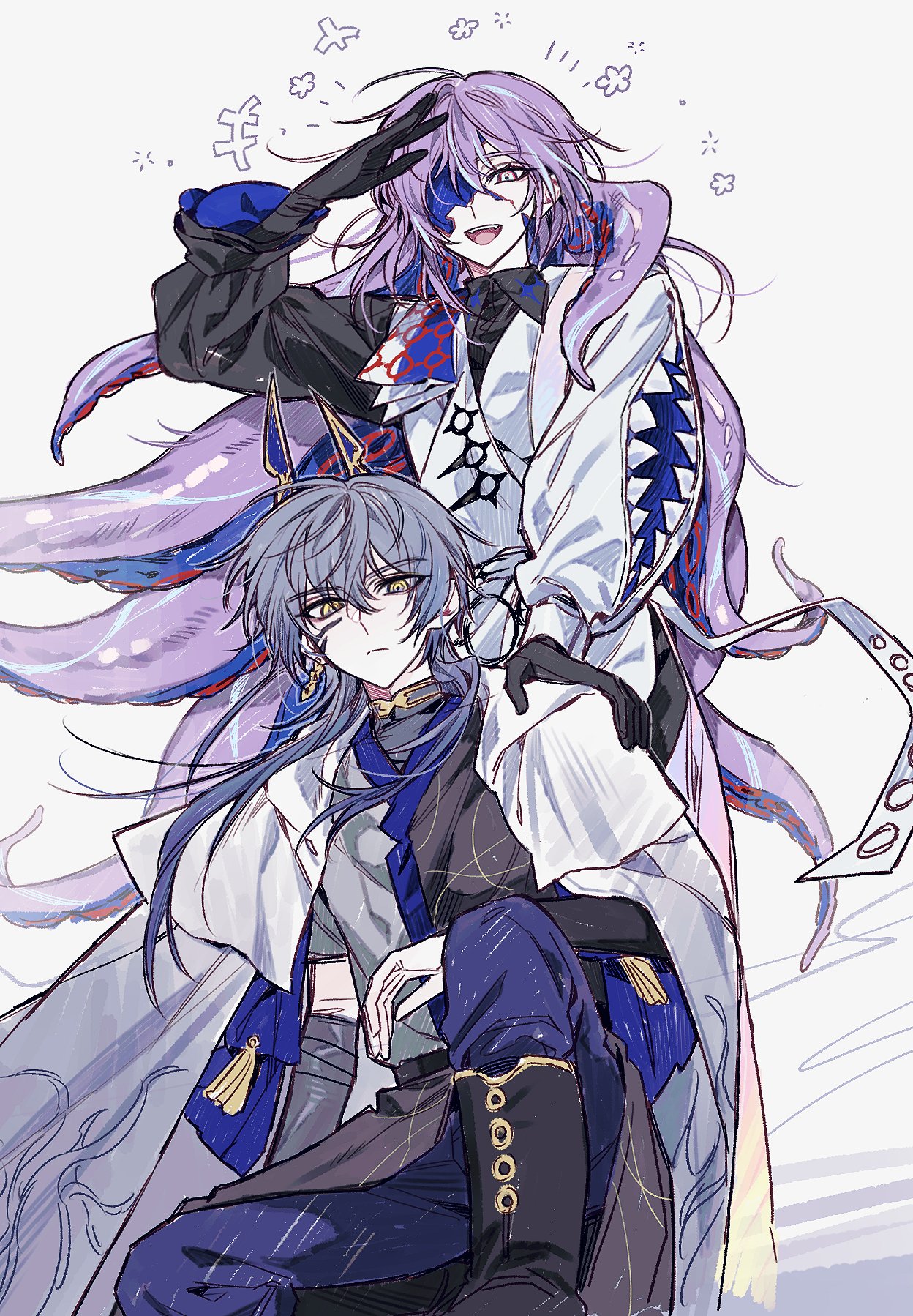 hoshirube sho, hoshirube sho (1st costume), koyanagi rou, koyanagi rou (1st costume), nijisanji, commentary, highres, +++, 2boys, :d, black boots, black gloves, black kimono, black shirt, blue hair, blue pants, boots, cape, closed mouth, collared shirt, cracked skin, earrings, flower symbol, gloves, gold earrings, gradient hair, grey eyes, grey hair, grey kimono, hair between eyes, hand on another's shoulder, hand up, hollow body, jacket, japanese clothes, jewelry, kimono, kneeling, long hair, long sleeves, looking at viewer, male focus, multicolored hair, multicolored kimono, multiple boys, mummeo p, on one knee, open mouth, pants, puffy long sleeves, puffy sleeves, purple hair, ribbon, serious, shirt, simple background, single earring, single sleeve, smile, standing, streaked hair, tassel, teeth, tentacle hair, tentacles, upper teeth only, virtual youtuber, white background, white cape, white jacket, white ribbon, wing collar