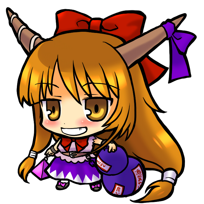 socha, ibuki suika, touhou, 1girl, blonde hair, chibi, female focus, full body, gourd, horn ornament, horn ribbon, horns, long hair, pac-man eyes, ribbon, simple background, solo, white background, yellow eyes