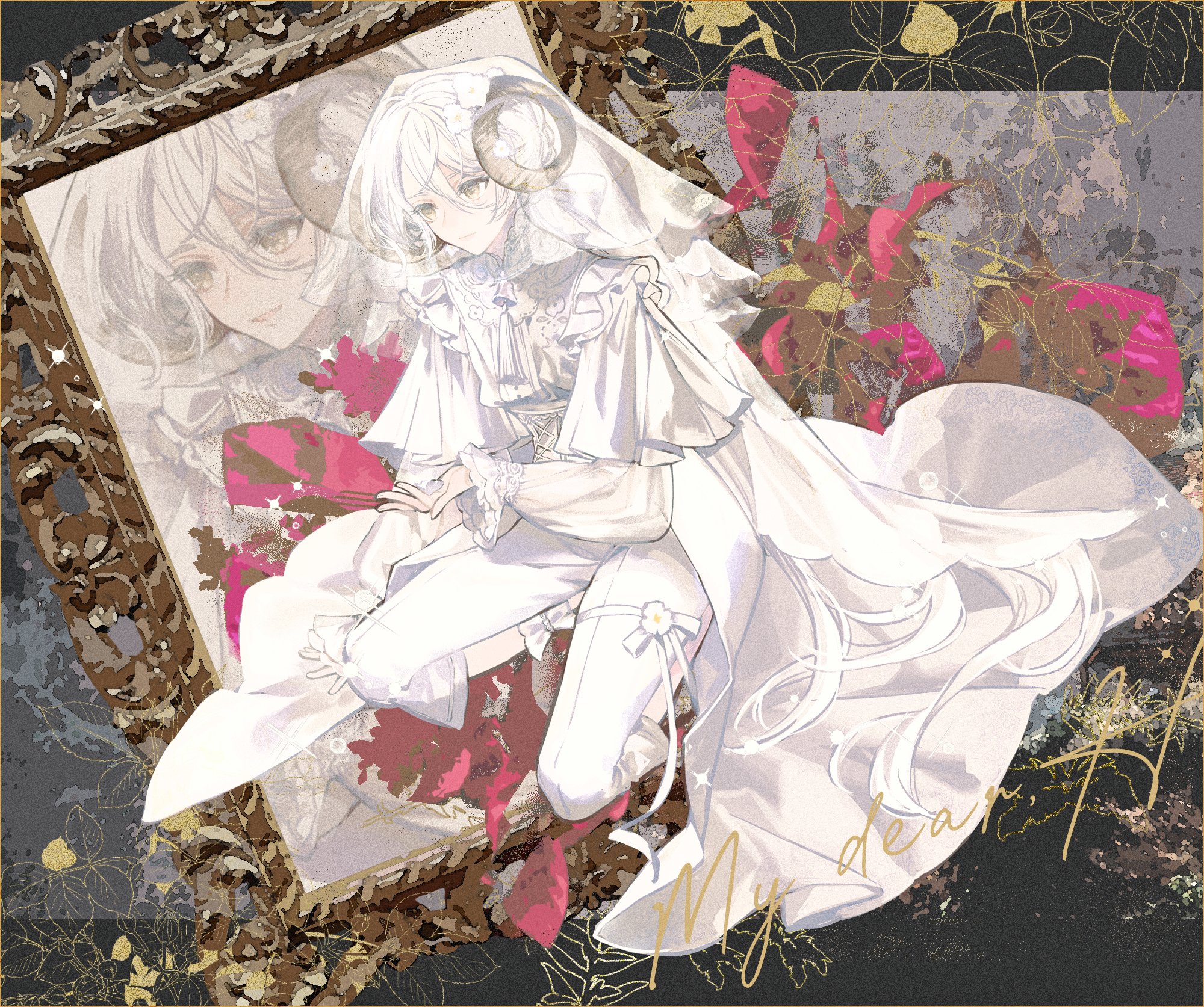 original, commentary, highres, 1boy, :d, androgynous, ankle garter, bell, black border, border, bow, braid, bridal veil, capri pants, closed mouth, corset, dress shirt, english text, flower, frilled sleeves, frills, full body, grey background, groom, hair between eyes, hair bow, hair flower, hair ornament, holding, holding flower, horns, kneeling, layered sleeves, leaf, leaf background, leg ribbon, letterboxed, light smile, long hair, long skirt, long sleeves, looking ahead, loosely tucked bangs, low ponytail, male focus, mandarin collar, neck bell, neck tassel, open hand, open mouth, outside border, pants, pants under skirt, picture frame, pleated sleeves, ponytail, puffy long sleeves, puffy sleeves, ribbon, see-through clothes, see-through veil, sheep horns, shirt, short over long sleeves, short sleeves, showgirl skirt, skirt, smile, solo, tassel, thigh ribbon, totototoi, veil, very long hair, white bow, white corset, white flower, white hair, white pants, white ribbon, white shirt, white skirt, white veil, yellow eyes, zoom layer