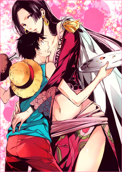 futaba hazuki, boa hancock, monkey d. luffy, one piece, bad id, bad pixiv id, 1boy, 1girl, age difference, amazon lily, black hair, breasts, cleavage, earrings, eating, food, hat, heart, height difference, hetero, hug, jewelry, long hair, meat, medium breasts, midriff, plate, straw hat