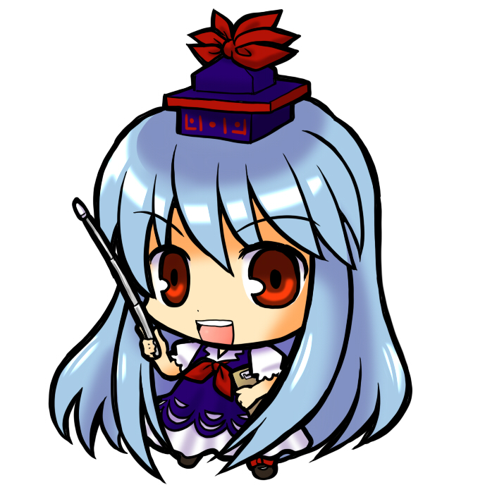 socha, kamishirasawa keine, touhou, 1girl, blue hair, chibi, dress, female focus, full body, hat, long hair, red eyes, simple background, solo, white background
