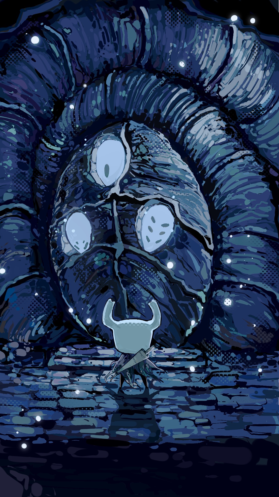 hightguy, herrah (hollow knight), knight (hollow knight), lurien (hollow knight), monomon (hollow knight), hollow knight, chinese commentary, commentary request, highres, 1other, backlighting, film grain, from behind, grey cloak, halftone, halftone background, horns, in-universe location, light particles, lofter username, mask, other focus, shadow, solo, standing, wide shot