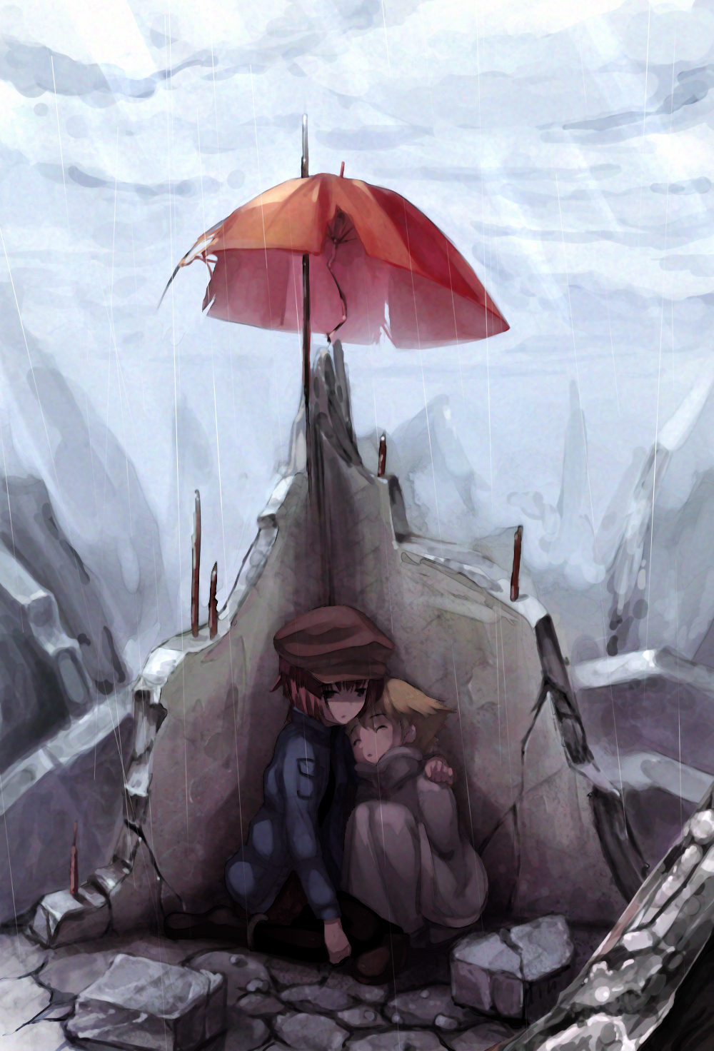 senji (artist), senji (tegone spike), july (darker than black), suou pavlichenko, darker than black, highres, 1boy, 1girl, blonde hair, concrete, hat, newsboy cap, rain, red hair, ruins, short hair, sleeping, umbrella