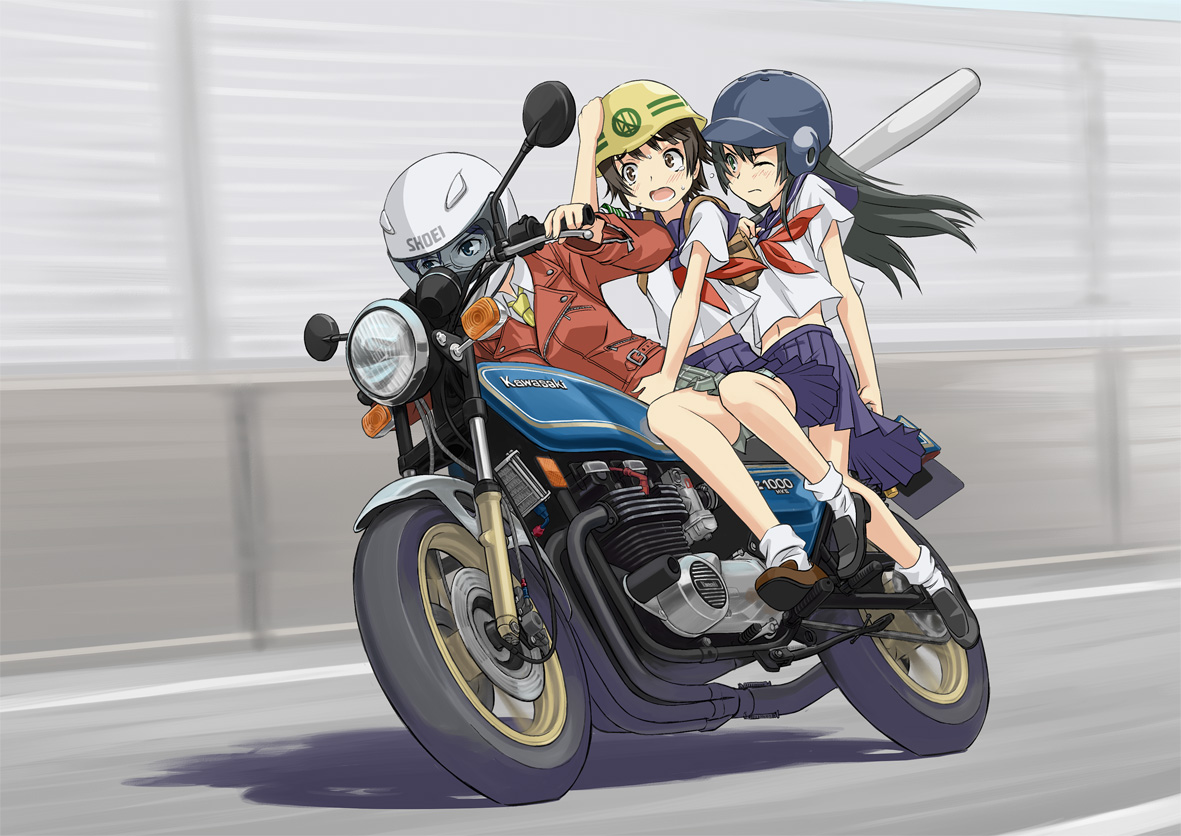 ugai yuichi, konori mii, saten ruiko, uiharu kazari, kawasaki (company), shoei, toaru kagaku no railgun, toaru majutsu no index, vehicle, 3girls, baseball bat, baseball helmet, black hair, blue eyes, bobby socks, brown eyes, glasses, hand on headwear, hard hat, helmet, legs, long hair, metal baseball bat, motion blur, motor vehicle, motorcycle, multiple girls, multiple riders, navel, one eye closed, product placement, riding, school uniform, serafuku, short hair, skirt, socks, wink