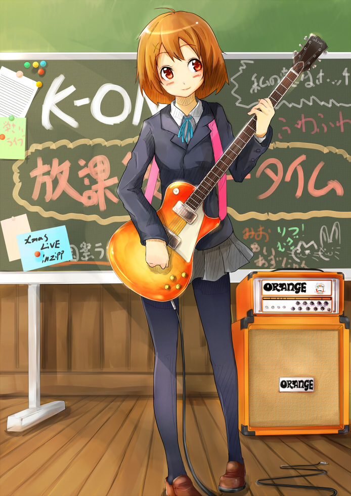 nuko-d, hirasawa yui, gibson, k-on!, bad id, bad pixiv id, 1girl, amplifier, brown eyes, brown hair, cable, electric guitar, female focus, gibson les paul, guitar, instrument, legs, pantyhose, school uniform, short hair, solo, speaker, wooden floor