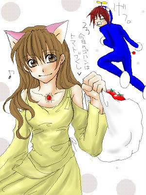 anna irving, kratos aurion, tales of (series), tales of symphonia, costume, lowres, 00s, animal ears, brown hair, couple, oekaki, tomato