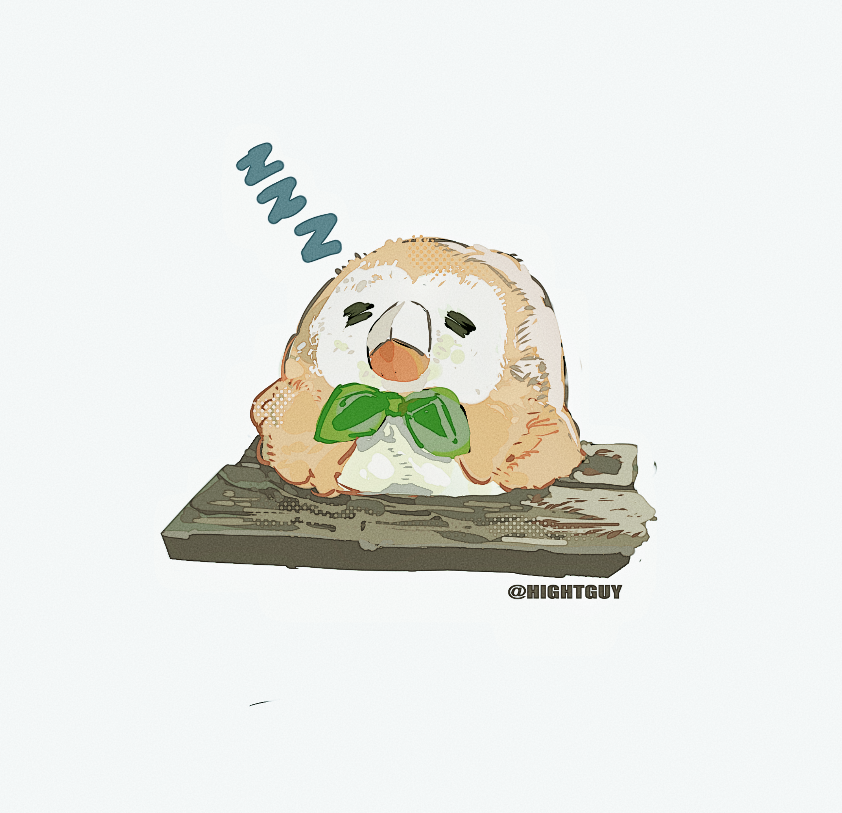 hightguy, rowlet, nintendo, pokemon, commentary, highres, symbol-only commentary, artist name, beak, bird, bow, bowtie, closed eyes, closed mouth, creature, creature focus, film grain, gen 7 pokemon, green bow, green bowtie, halftone, no humans, owl, plank, pokemon (creature), simple background, sleeping, solo, white background, zzz