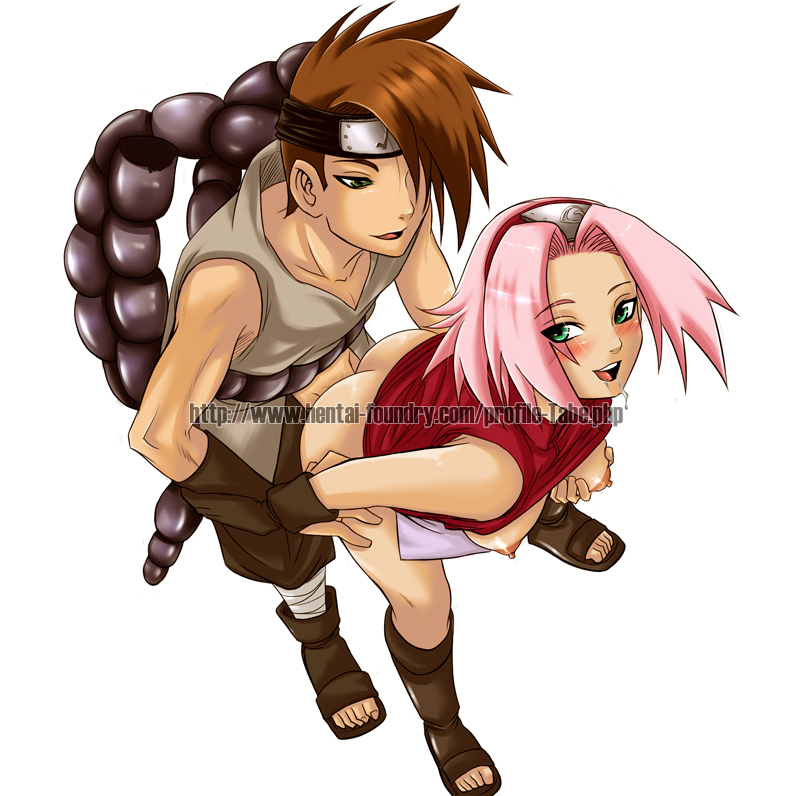 tabe-chan, haruno sakura, naruto, ass, bent over, blush, breasts, from behind, grabbing another's breast, green eyes, penis, pink hair, sex, smile, uncensored