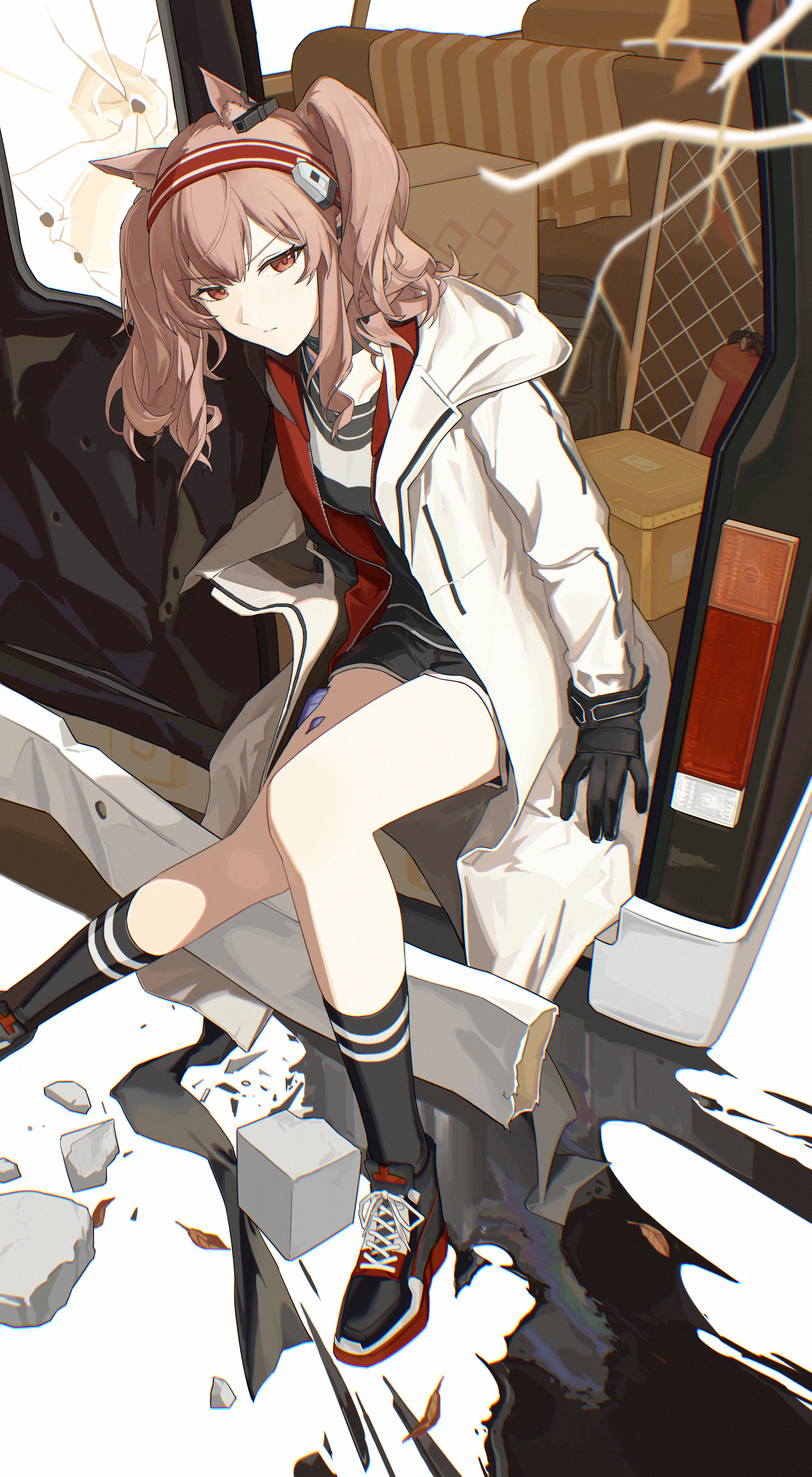 yao yang, angelina (arknights), infection monitor (arknights), arknights, dangling, absurdres, chinese commentary, commentary request, highres, 1girl, animal ears, black collar, black gloves, black shirt, black shoes, black shorts, box, breasts, brown hair, bullet hole, car crash, car interior, cardboard box, coat, collar, collarbone, earpiece, fire extinguisher, fox ears, fox girl, full body, gloves, hairband, jacket, knees together feet apart, leaf, long hair, looking at viewer, material growth, medium hair, multicolored hairband, open car hood, open clothes, open coat, open jacket, orange eyes, oripathy lesion (arknights), parted lips, red hairband, red jacket, rubble, serious, shirt, shoes, short shorts, shorts, sitting, small breasts, sneakers, solo, striped clothes, striped hairband, towel, twintails, two-tone hairband, v-shaped eyebrows, white coat