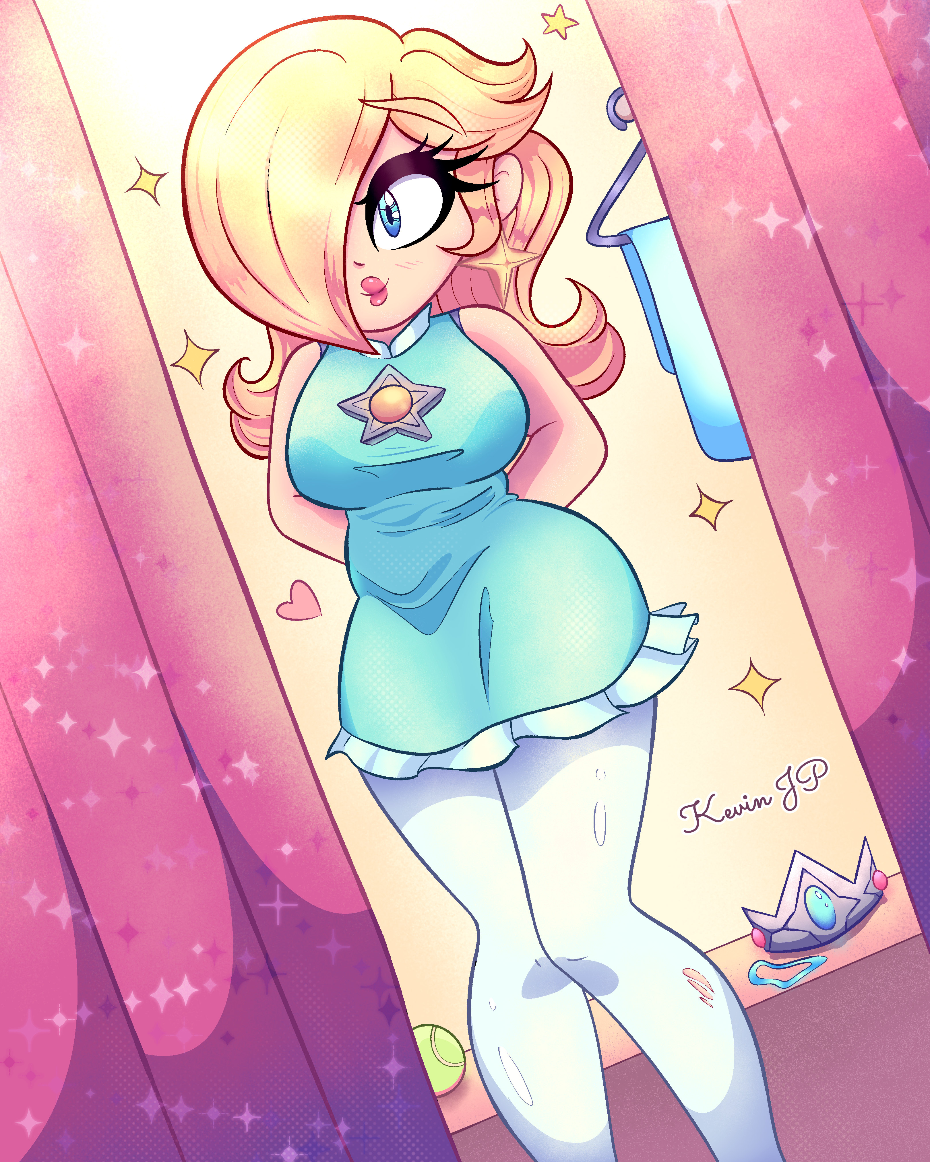 kevinjp, rosalina, mario (series), nintendo, absurdres, commentary, english commentary, highres, 1girl, aqua dress, aqua eyes, arms behind back, ball, blonde hair, breasts, brooch, clothes hanger, crown, curtains, dress, dressing room, feet out of frame, hair over one eye, heart, jewelry, knees together feet apart, long hair, looking at viewer, medium breasts, pantyhose, rosalina (sports), short dress, smile, sparkle, star brooch, tennis ball, thick eyelashes, torn clothes, torn pantyhose, unworn crown, unworn dress, white pantyhose, wide hips