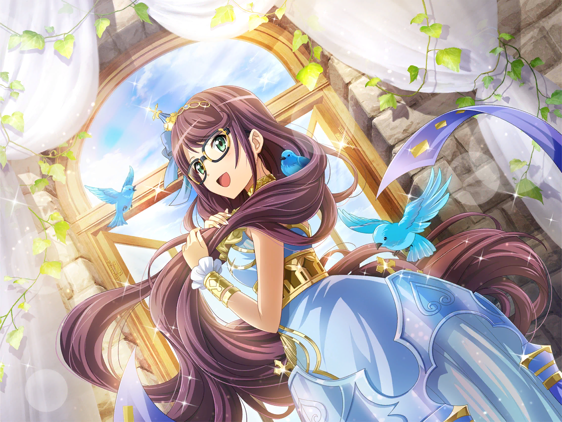 hoshimi junna, rapunzel (fairy tale character), rapunzel (fairy tale), shoujo kageki revue starlight, shoujo kageki revue starlight -re live-, game cg, official art, 1girl, absurdly long hair, alternate hair length, alternate hairstyle, bird, blue dress, bow, bracer, cosplay, curtains, dress, floating hair, glasses, green eyes, hair bow, hands in own hair, headpiece, long hair, looking at viewer, looking back, open mouth, purple hair, rapunzel (fairy tale character) (cosplay), solo, standing, very long hair, window