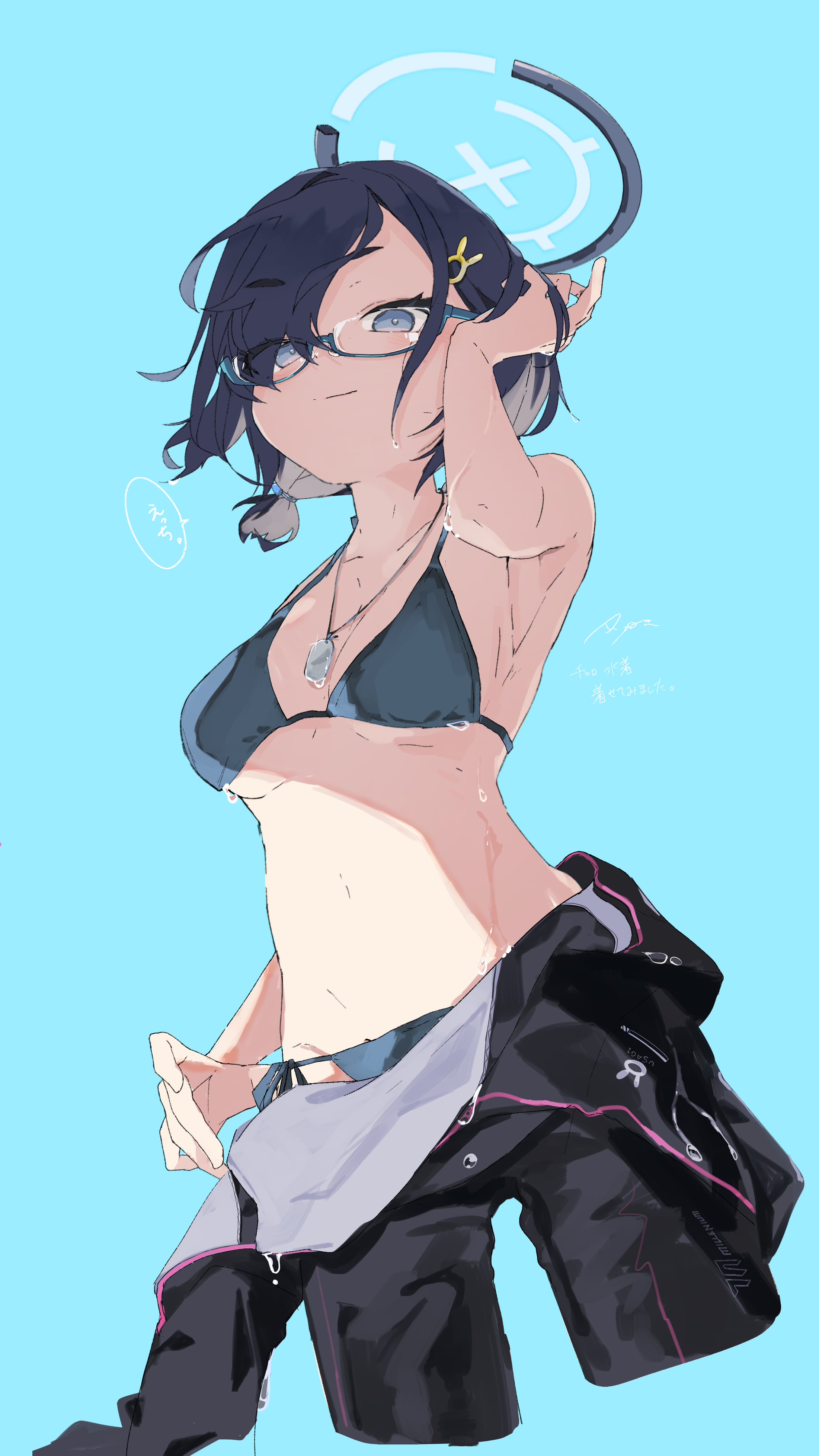 ryo (ryo skrdi), chihiro (blue archive), blue archive, absurdres, commentary request, highres, 1girl, alternate costume, aqua-framed eyewear, aqua eyes, arm up, armpits, bare shoulders, bikini, black bikini, black hair, blue background, blue halo, bodysuit, breasts, cleavage, closed mouth, collarbone, cropped legs, diving suit, dog tags, glasses, glint, hair between eyes, hair ornament, halo, large breasts, looking at viewer, navel, open wetsuit, ponytail, rabbit hair ornament, semi-rimless eyewear, short hair, short ponytail, sidelocks, simple background, solo, standing, stomach, swimsuit, under-rim eyewear, wet, wetsuit