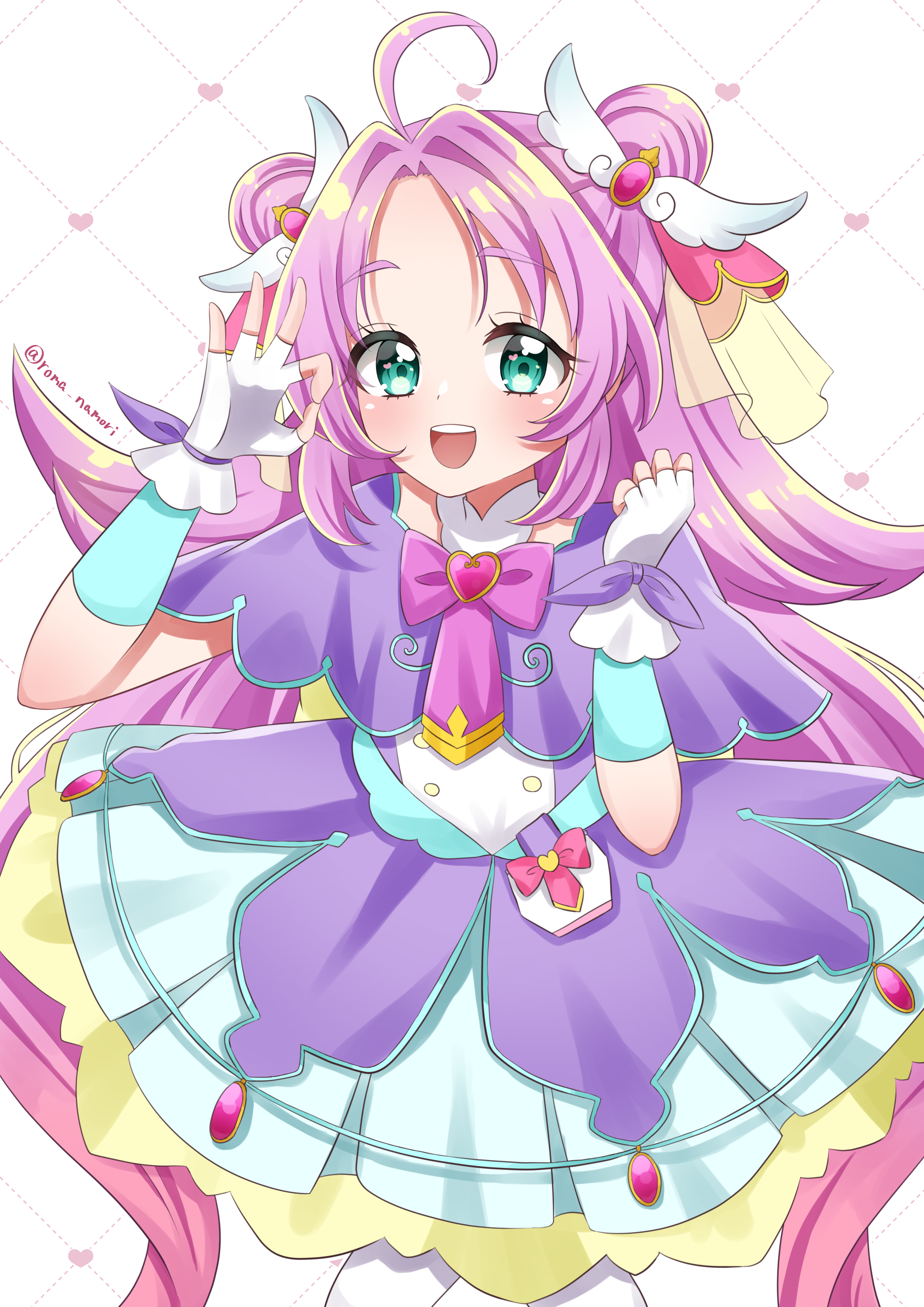 tilly ira 10, meitantei precure!, precure, absurdres, commentary, highres, 1girl, :d, ahoge, akechi anna, aqua eyes, aqua trim, back bow, blush, bow, brooch, buttons, capelet, cowboy shot, cure answer, curled fingers, dotted line, double-breasted, double bun, dress, fingerless gloves, gloves, gold buttons, grid background, hair bun, hair flaps, hair intakes, hair ornament, hands up, heart, heart background, heart brooch, impossible hair, jewelry, long hair, looking at viewer, magical girl, medium dress, open mouth, pact holder, pleated dress, pouch, purple bow, purple dress, purple hair, sidelocks, smile, solo, teeth, thick eyebrows, thighhighs, twitter username, upper teeth only, very long hair, white background, white gloves, white thighhighs, wing hair ornament, yellow bow