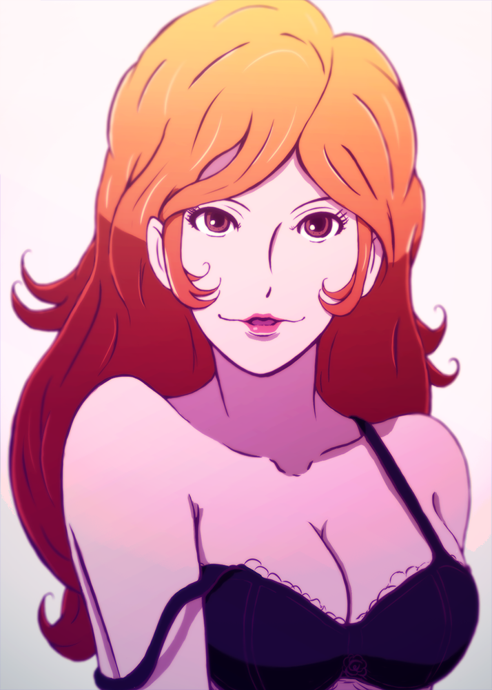 suggypop999, mine fujiko, lupin iii, commentary request, 1girl, bare shoulders, black bra, bra, brown eyes, collarbone, lingerie, lips, lipstick, long hair, looking at viewer, makeup, off shoulder, open mouth, orange hair, pastel colors, pink lips, simple background, smile, solo, spaghetti strap, underwear, upper body, wavy hair