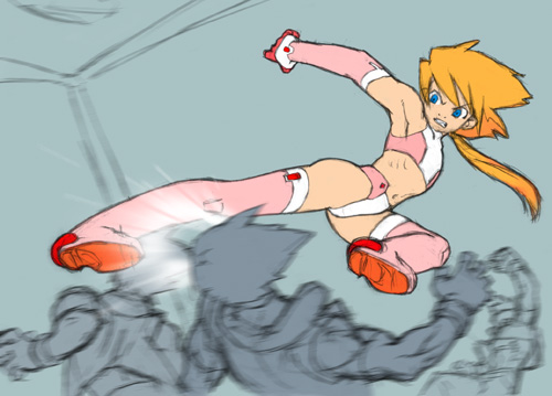 lowres, 4boys, angry, armpits, blonde hair, blue eyes, boots, clenched teeth, elbow gloves, fighting, flat color, flying kick, frown, gloves, indoors, kicking, long hair, male focus, midriff, motion blur, multiple boys, orange hair, partially colored, ponytail, ribs, teeth, thighhighs, trap