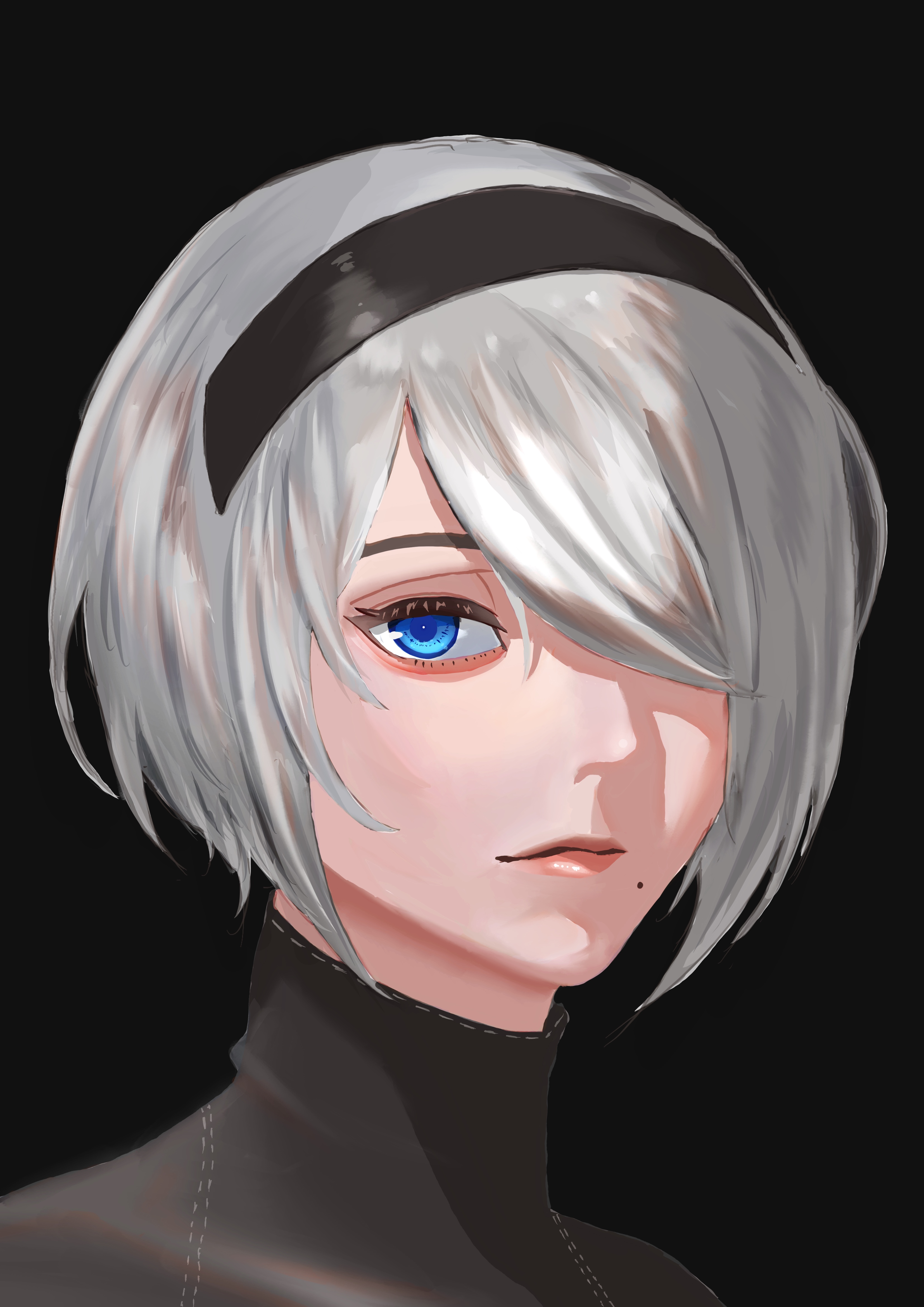 2b (nier:automata), nier:automata, nier (series), absurdres, commentary, highres, 1girl, aegyo sal, black background, black hairband, blue eyes, eyelashes, grey hair, hair over one eye, hairband, looking at viewer, mole, mole under mouth, parted bangs, pink lips, short hair, simple background, solo, straygoatling, upper body