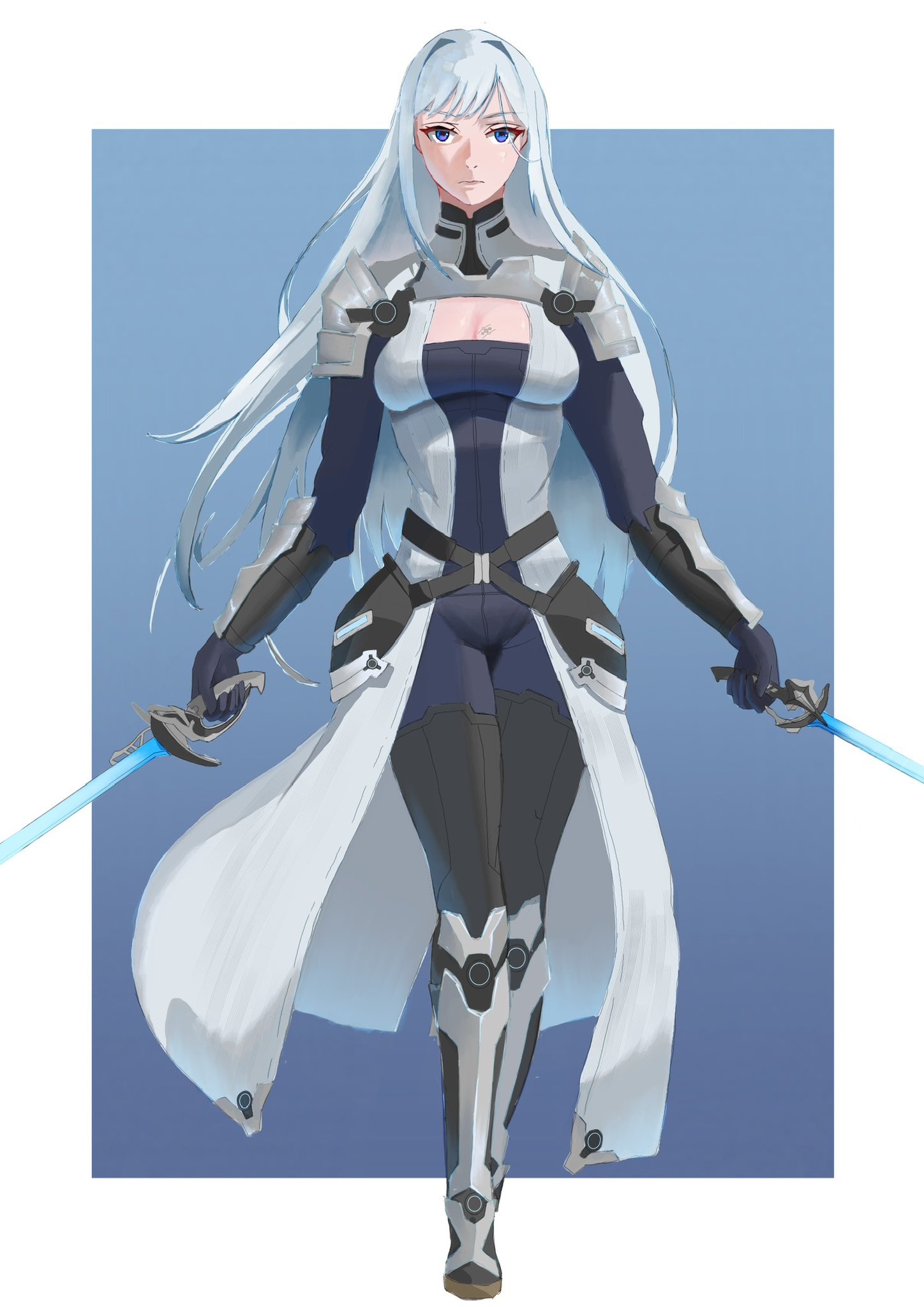 ethel (xenoblade), xenoblade chronicles (series), xenoblade chronicles 3, commentary, english commentary, highres, 1girl, blue background, blue eyes, boots, border, breasts, cleavage, cleavage cutout, closed mouth, clothing cutout, coat, dual wielding, expressionless, floating hair, full body, grey coat, grey hair, holding, holding sword, holding weapon, large breasts, long hair, looking at viewer, outside border, solo, standing, straygoatling, sword, very long hair, weapon, white border