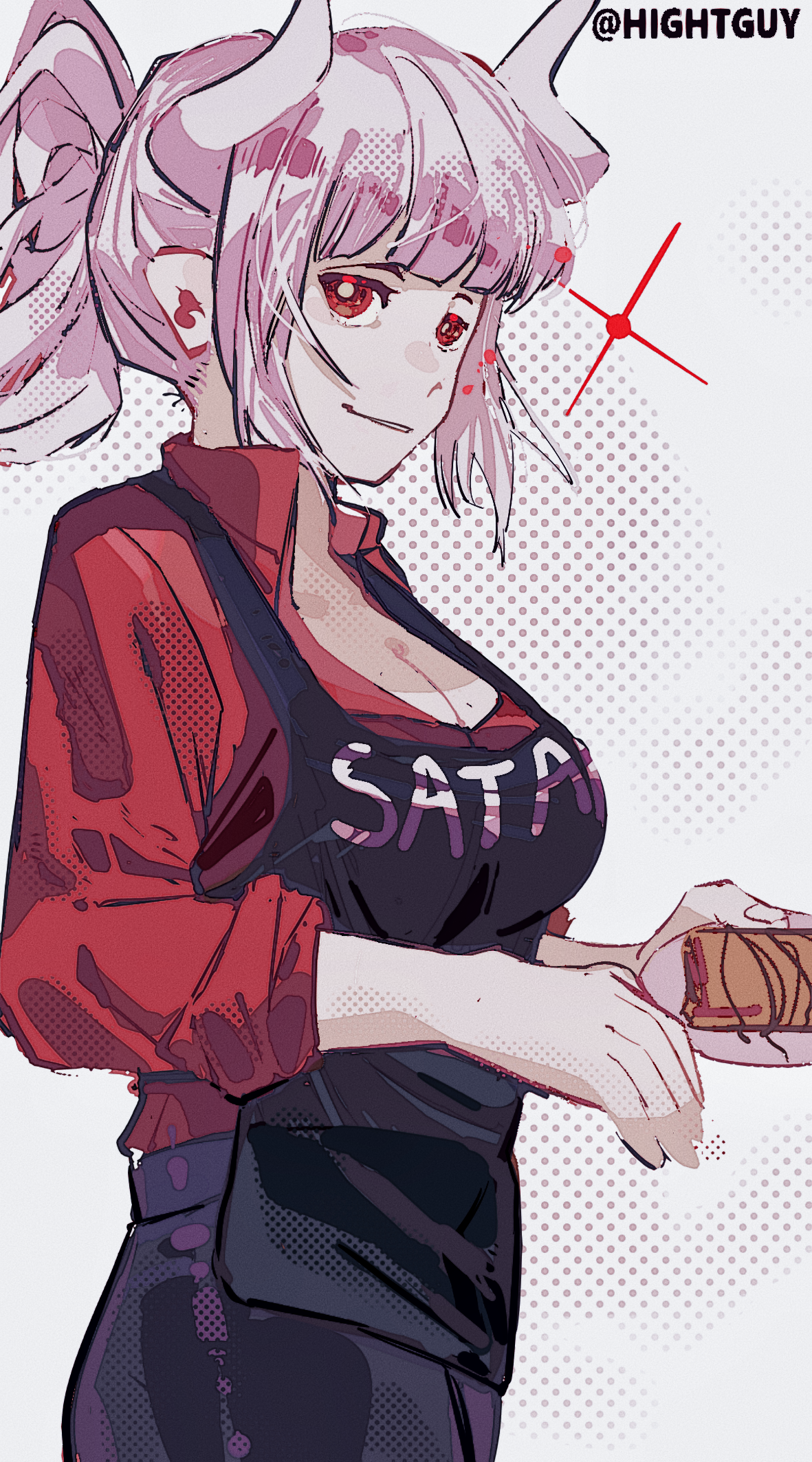 hightguy, lucifer (helltaker), helltaker, chinese commentary, commentary request, highres, 1girl, apron, black apron, black pants, blunt bangs, breasts, bright pupils, chocolate syrup, cleavage, collared shirt, colored eyelashes, cowboy shot, demon girl, demon horns, film grain, food, grey background, halftone, halftone background, high ponytail, holding, holding plate, horns, jitome, long sleeves, looking at viewer, medium breasts, official alternate hairstyle, pancake, pants, parted lips, plate, ponytail, red eyes, red shirt, shirt, sidelocks, sideways glance, simple background, smile, solo, sparkle, standing, white hair, white horns, white pupils