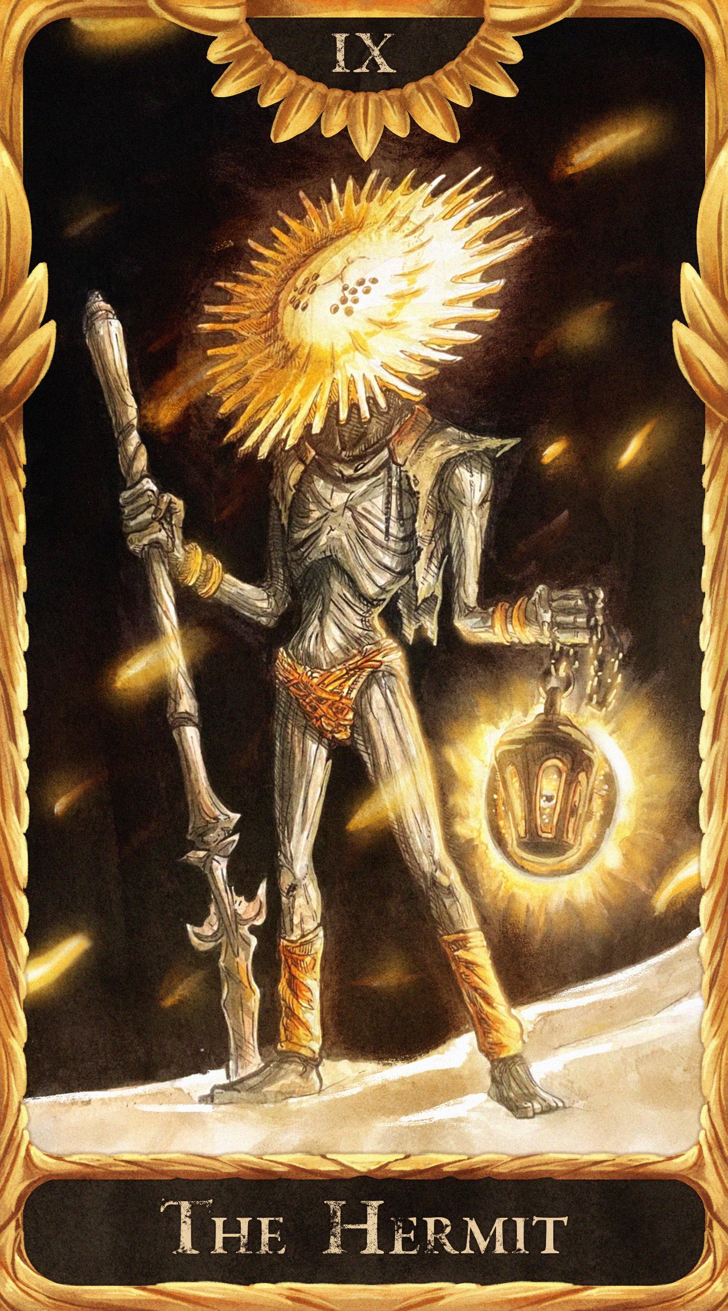 goldmask (elden ring), elden ring, absurdres, colored pencil (medium), commentary, english commentary, highres, traditional media, 1boy, black background, border, bracelet, cape, colored skin, emaciated, english text, full body, glowing, gold bracelet, goldmask's mask, grey skin, holding, holding lantern, holding staff, hugo pereira, jewelry, lantern, leg warmers, light particles, loincloth, male focus, mast, no shoes, ornate border, roman numeral, sand, solo, staff, standing, tarot, the hermit (tarot), white cape, yellow leg warmers