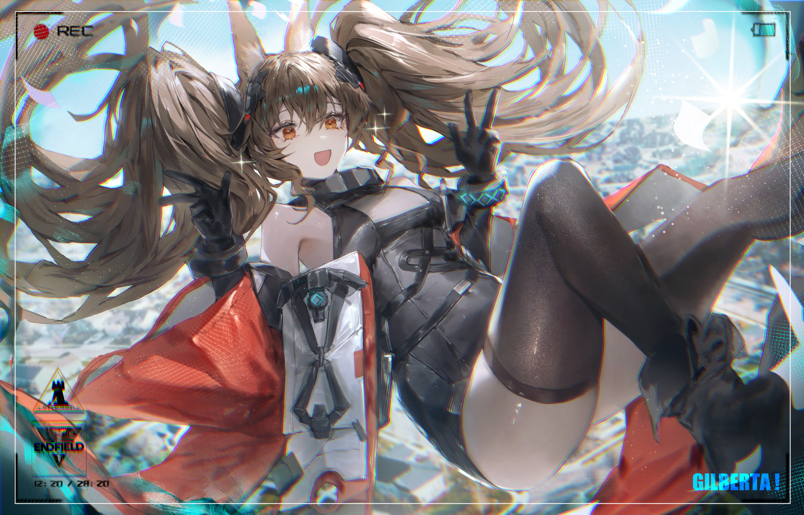 onedr, angelina (arknights), gilberta (arknights), arknights, arknights: endfield, commentary, highres, 1girl, animal ear fluff, animal ears, bare shoulders, battery indicator, black dress, black gloves, breasts, brown eyes, brown hair, brown thighhighs, character name, copyright name, covered navel, double w, dress, elbow gloves, fake screenshot, floating, fox ears, fox girl, gloves, jacket, long hair, medium breasts, open mouth, recording, red jacket, short dress, sleeveless, sleeveless dress, solo, thighhighs, twintails, very long hair, viewfinder, w