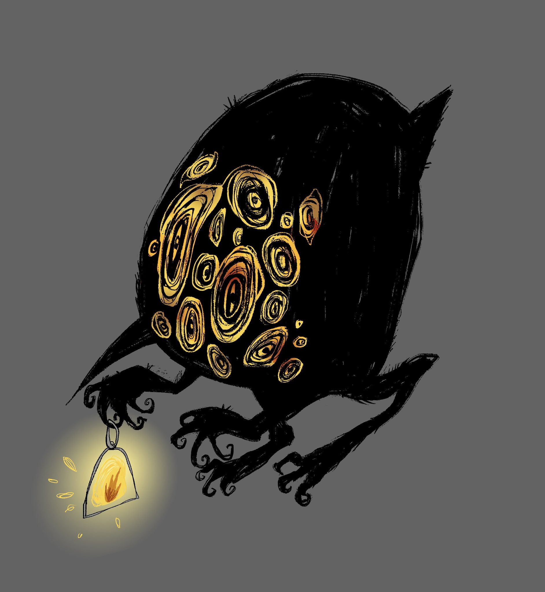 4 vy000, big bird (project moon), lobotomy corporation, project moon, commentary, highres, bird, black feathers, extra eyes, feathers, fire, grey background, holding, holding lantern, lantern, monster, no humans, simple background, solo, talons, walking, yellow eyes