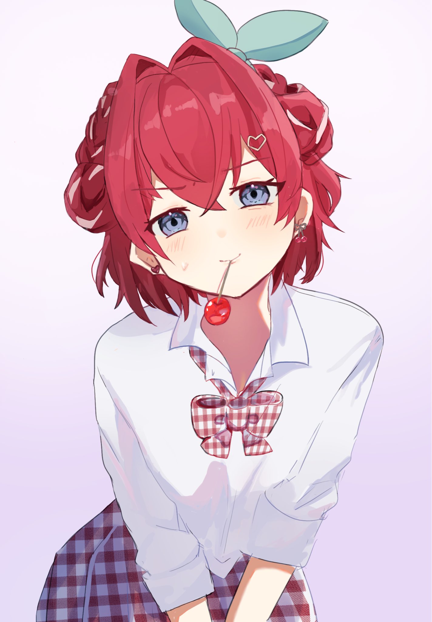 ange katrina, cherry pop (vocaloid), nijisanji, commentary request, highres, 1girl, blue eyes, blush, bow, bowtie, braid, cherry, cherry earrings, closed mouth, collared shirt, cowboy shot, crossed bangs, double bun, earrings, food, food-themed earrings, food themed earrings, fruit, gingham bowtie, gingham clothes, gingham skirt, gradient background, green bow, hair between eyes, hair bow, hair bun, hair intakes, hair ornament, heart, heart hair ornament, jewelry, leaning forward, looking at viewer, medium hair, mouth hold, multicolored hair, official alternate costume, purple background, red bow, red bowtie, red hair, red skirt, shirt, simple background, skirt, sleeves rolled up, solo, streaked hair, sweatdrop, trtr osoba, two-tone hair, virtual youtuber, white bow, white bowtie, white hair, white shirt, white skirt