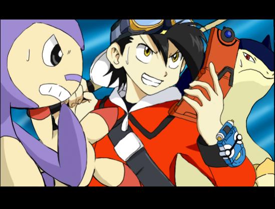 yamamoto satoshi, ambipom, ethan (pokemon), typhlosion, nintendo, pokemon, pokemon adventures, pokemon hgss, pokemon special anime, 00s, 1boy, alternate costume, gen 2 pokemon, gen 4 pokemon, pokedex, pokegear, pokemon (creature)