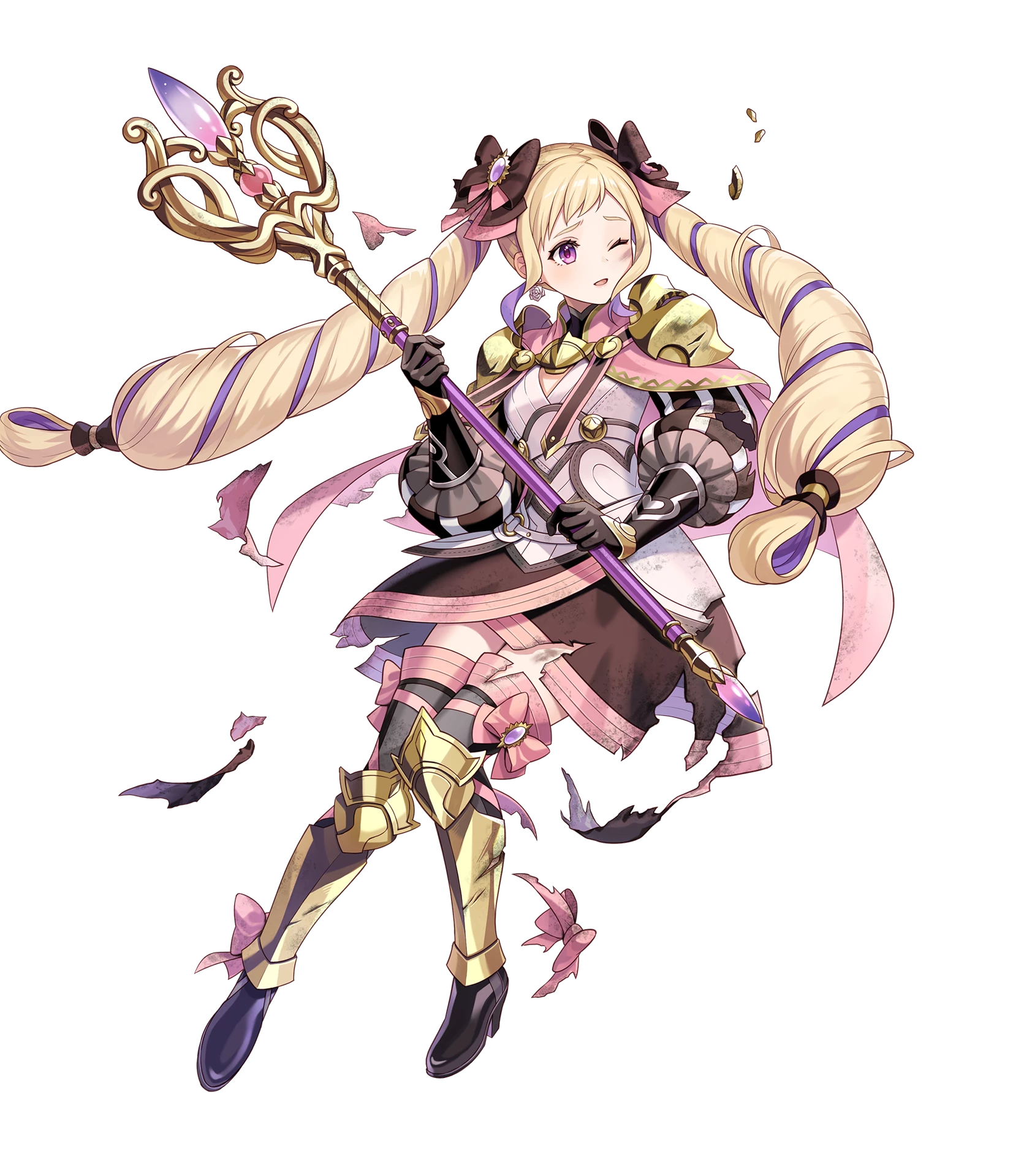 michi (iawei), elise (fire emblem), elise (sincere sister) (fire emblem), fire emblem, fire emblem fates, fire emblem heroes, nintendo, highres, non-web source, official art, 1girl, armor, armored boots, armored dress, black boots, black dress, black gloves, blonde hair, blush, boots, bow, cape, closed mouth, damaged, dress, drill hair, full body, gloves, hair bow, holding, holding staff, long hair, looking at viewer, mage staff, multicolored hair, official alternate costume, one eye closed, parted lips, pink cape, purple eyes, purple hair, simple background, smile, solo, staff, thigh boots, torn, torn clothes, torn dress, twin drills, twintails