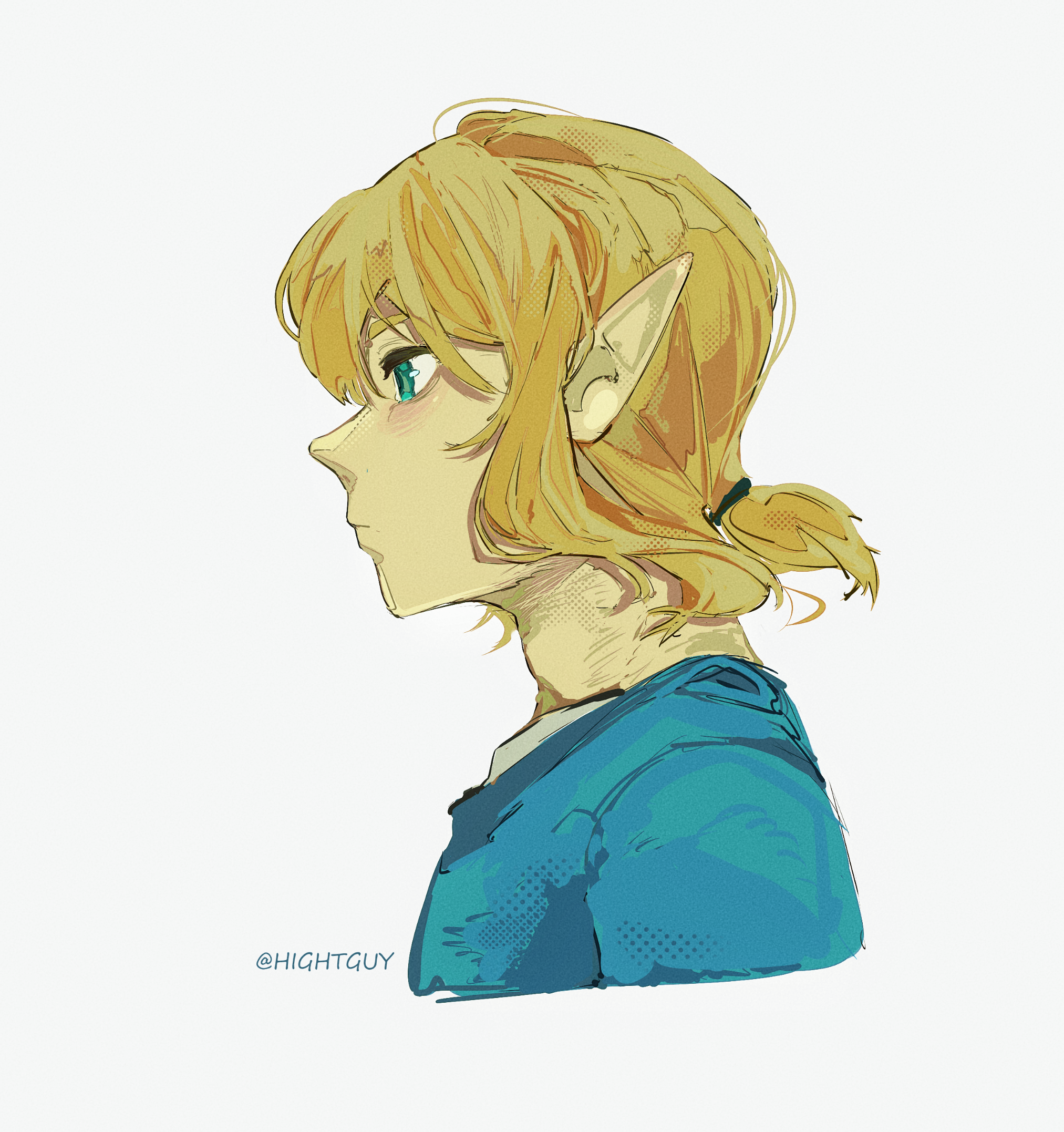 hightguy, link, nintendo, the legend of zelda, the legend of zelda: breath of the wild, chinese commentary, commentary request, highres, 1boy, adam's apple, artist name, blonde hair, blue tunic, closed mouth, cropped shoulders, film grain, from side, green eyes, hair tie, halftone, looking ahead, male focus, medium hair, pointy ears, profile, shirt, simple background, solo, tunic, white background, white shirt