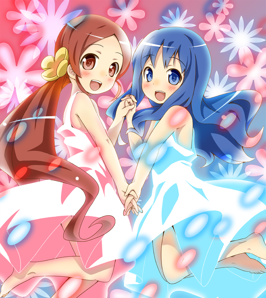 sankuro (agoitei), hanasaki tsubomi, kurumi erika, heartcatch precure!, precure, 10s, 2girls, blue eyes, blue hair, blush, brown eyes, brown hair, holding hands, long hair, multiple girls, ponytail