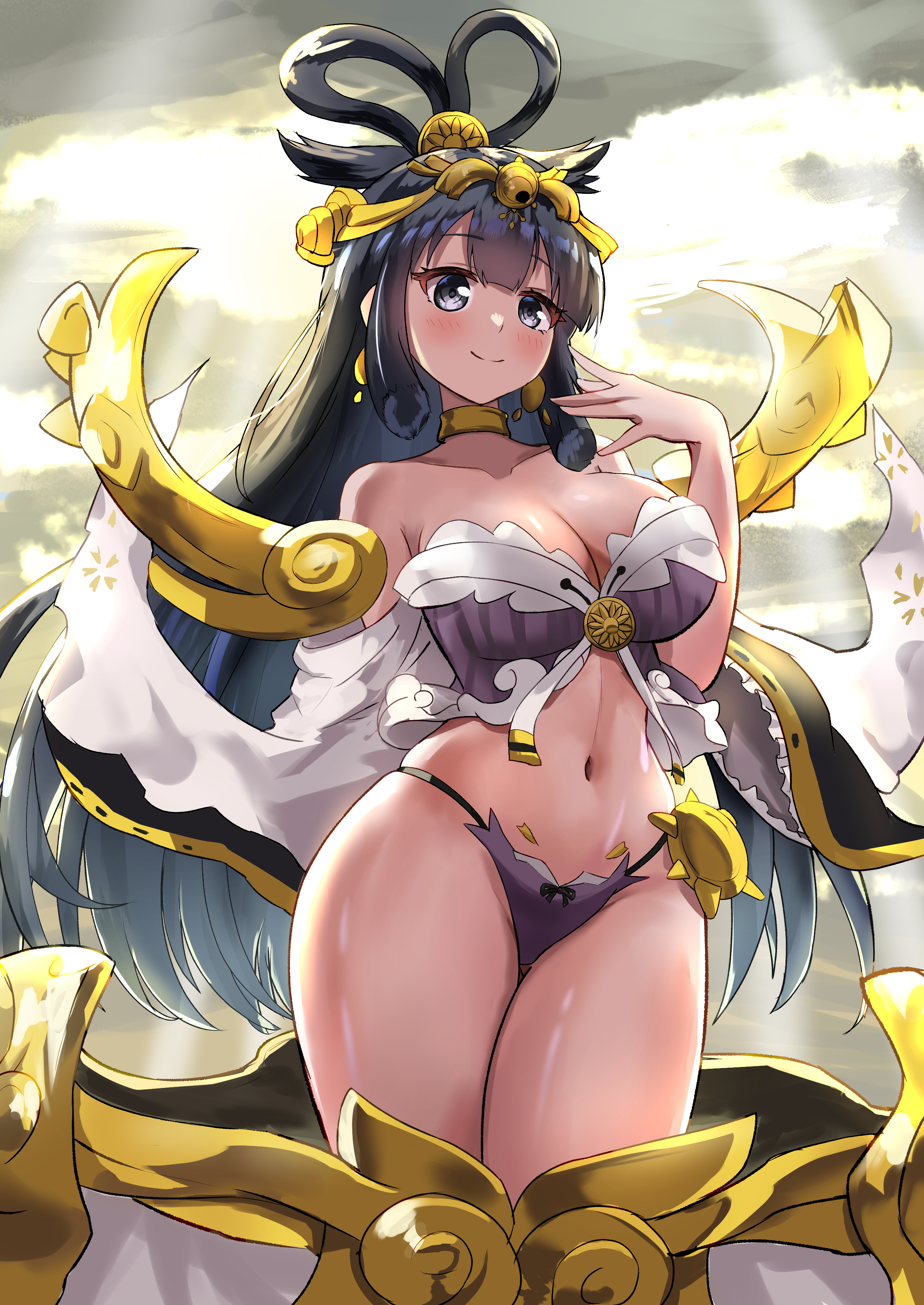 isazawa, amaterasu (nyanko daisensou), nyanko daisensou, absurdres, commentary request, highres, 1girl, bare shoulders, black hair, breasts, cleavage, cloud, cloudy sky, cowboy shot, long sleeves, looking at viewer, navel, panties, purple panties, sidelocks, sky, smile, solo, stomach, underwear, wide sleeves