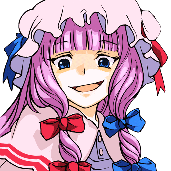 goldregen, patchouli knowledge, suiseiseki, rozen maiden, touhou, bad id, bad pixiv id, 1girl, blue eyes, blunt bangs, female focus, hat, looking down, parody, purple hair, ribbon, simple background, solo, white background, you gonna get raped