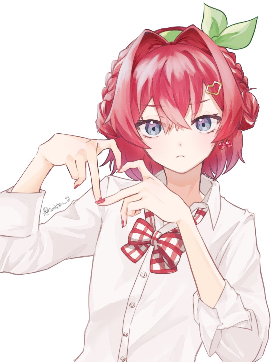 ange katrina, cherry pop (vocaloid), nijisanji, commentary request, highres, variant set, 1girl, blue eyes, bow, bow headband, bowtie, braid, cherry earrings, closed mouth, collared shirt, crossed bangs, double bun, earrings, food-themed earrings, food themed earrings, four-finger heart hands, frown, gingham bowtie, green bow, green headband, hair between eyes, hair bun, hair intakes, hair ornament, hands up, headband, heart, heart hair ornament, heart hands, jewelry, looking at viewer, loose bowtie, medium hair, mtym j, nail polish, official alternate costume, red bow, red bowtie, red hair, red nails, shirt, simple background, sleeves rolled up, solo, twitter username, upper body, virtual youtuber, white background, white bow, white bowtie, white shirt