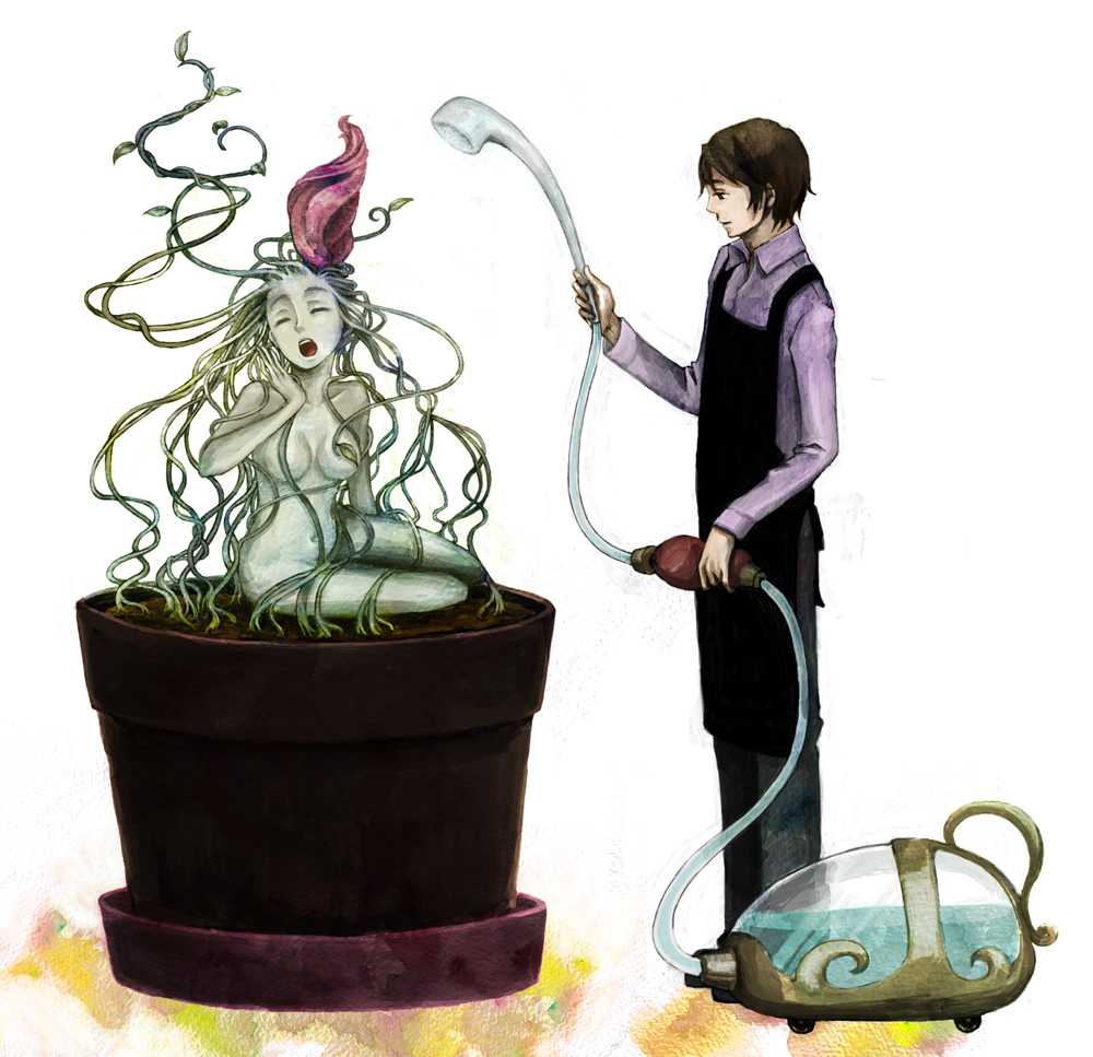 maikama, bad id, bad pixiv id, 1boy, 1girl, brown hair, mandragora, mandrake, monster girl, plant girl, short hair