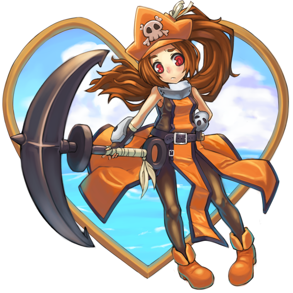beni no iruka, may (guilty gear), arc system works, guilty gear, bad id, bad pixiv id, 1girl, anchor, bare shoulders, belt, boots, brown hair, female focus, fingerless gloves, gloves, hat, heart, orange hat, orange shirt, pantyhose, pirate hat, red eyes, shirt, solo