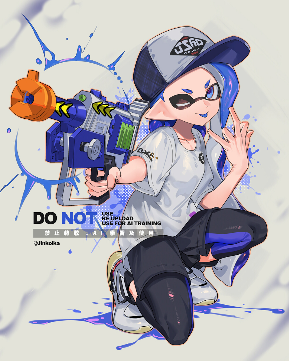 jinkoika, inkling girl, inkling player character, nintendo, splatoon (series), splatoon 3, commentary, highres, symbol-only commentary, 1girl, :p, baseball cap, black leggings, black shorts, blue eyes, collarbone, grey background, grey hat, grey shirt, gun, hat, holding, holding gun, holding weapon, ink, inkling, leggings, leggings under shorts, long hair, one eye closed, paint, pointy ears, print hat, print shirt, rapid blaster pro (splatoon), shirt, shoes, short eyebrows, shorts, solo, squatting, t-shirt, tentacle hair, thick eyebrows, tongue, tongue out, v-shaped eyebrows, watermark, weapon, white shoes