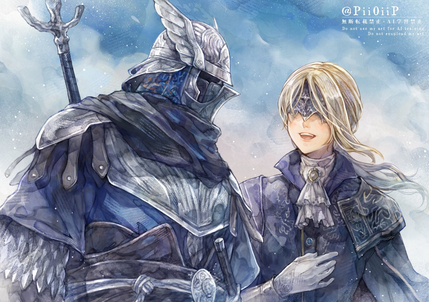 pii0iip, duchess (elden ring), wylder (elden ring), elden ring, elden ring nightreign, hashtag-only commentary, 1boy, 1girl, armor, ascot, black scarf, blonde hair, blue background, blue jacket, blue tunic, breastplate, brooch, covered eyes, covered face, eye mask, gloves, hand up, helmet, jacket, jewelry, low ponytail, mask, open mouth, pauldrons, ponytail, scarf, shoulder armor, smile, sword, sword on back, tunic, upper body, weapon, weapon on back, white ascot, white gloves, winged helmet