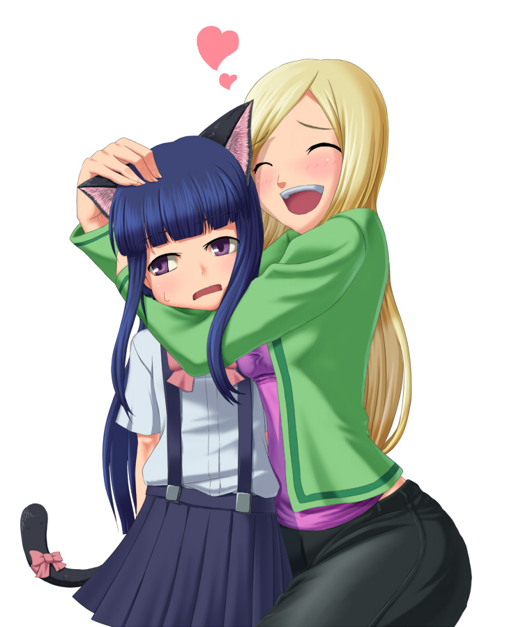 akimichi, furude rika, takano miyo, higurashi no naku koro ni, 2girls, age difference, animal ears, annoyed, blonde hair, blue hair, cat ears, cat tail, child, closed eyes, heart, hime cut, hug, long hair, multiple girls, onee-loli, open mouth, purple eyes, ribbon, school uniform, skirt, standing, suspender skirt, suspenders, tail, yuri