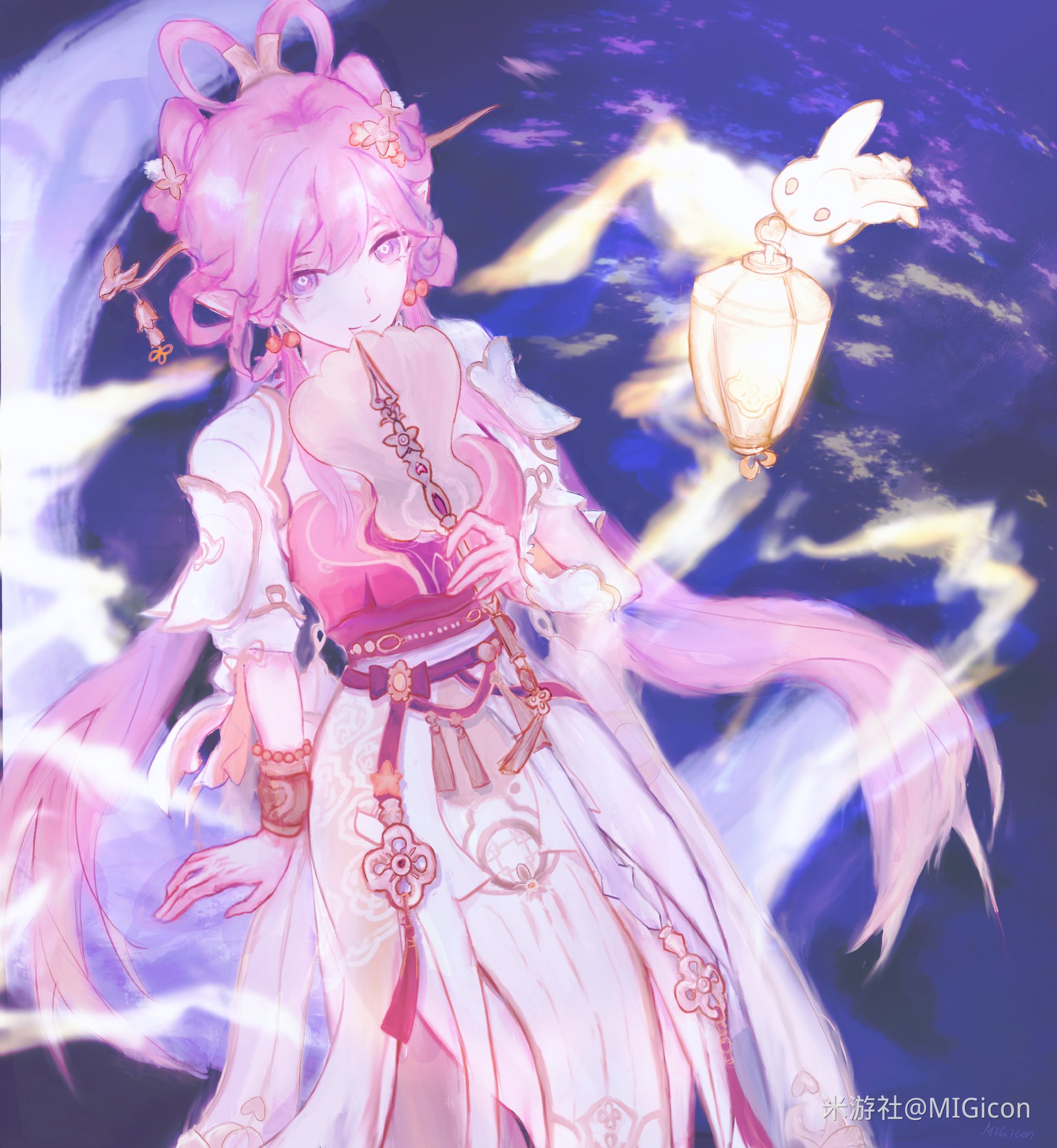 elysia (hi love elf) (honkai impact), elysia (honkai impact), honkai (series), honkai impact 3rd, chinese commentary, commentary request, highres, 1girl, bell, breasts, chinese clothes, chinese hairstyle, diamond-shaped pupils, diamond (shape), dress, earrings, elf, elysia (moonlit grace) (honkai impact), flower, hair bell, hair flower, hair ornament, hand fan, holding, holding fan, jewelry, lantern, large breasts, long hair, looking at viewer, migicon, miyoushe watermark, ocean, official alternate costume, pink hair, pointy ears, purple eyes, rabbit, smile, solo, symbol-shaped pupils, very long hair, watermark, white dress