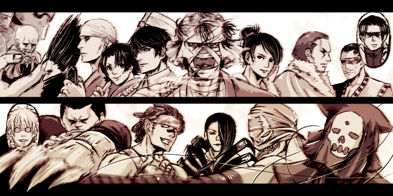 iduhara, fuji (rurouni kenshin), gein, honjou kamatari, inui banjin, kariwa henya, komagata yumi, kujiranami hyougo, otowa hyouko, sadojima houji, saizuchi, seta soujirou, shinomori aoshi, shishio makoto, uonuma usui, yatsui mumyoui, yukishiro enishi, yuukyuuzan anji, rurouni kenshin, annotated, bad id, bad pixiv id, character request, tagme, 1girl, 6+boys, bald, bandaged head, bandages, everyone, facing viewer, mask, monochrome, motion blur, multiple boys, sepia, sharp teeth, simple background, teeth